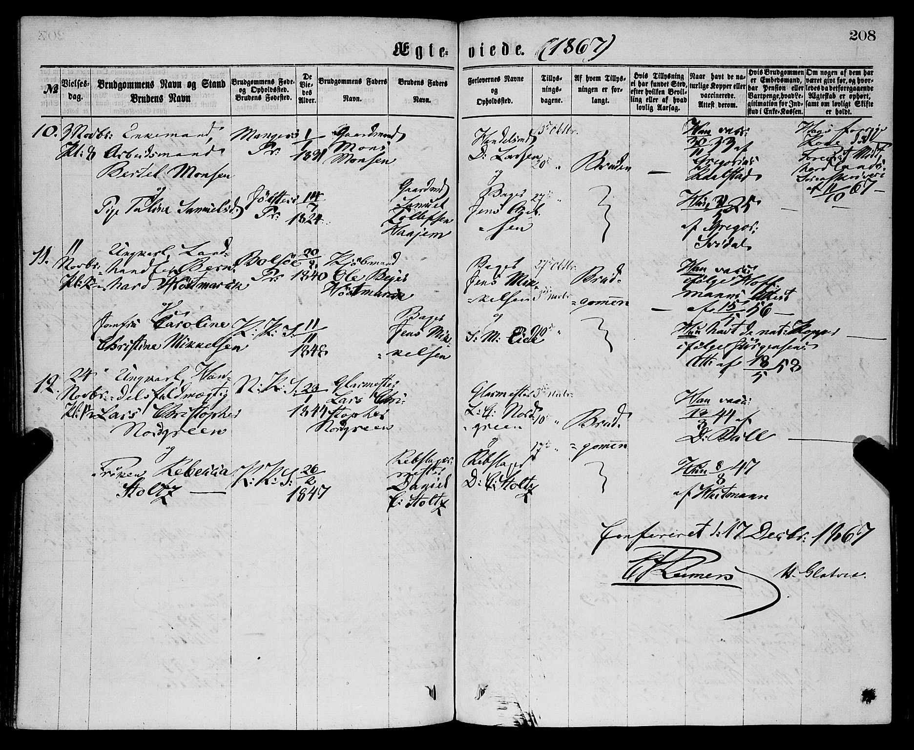 Sandviken Sokneprestembete, AV/SAB-A-77601/H/Ha/L0001: Parish register (official) no. A 1, 1867-1877, p. 208