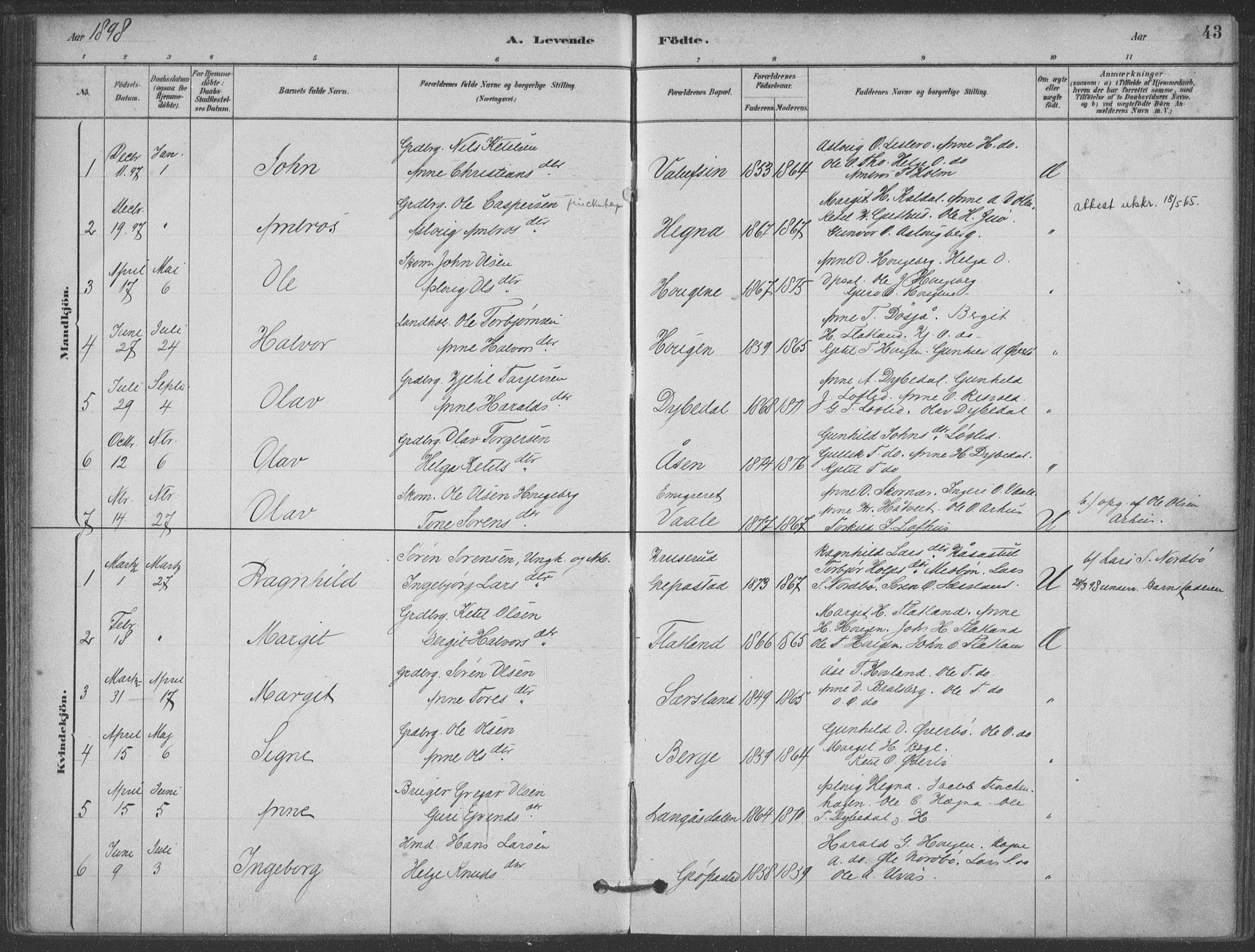 Hjartdal kirkebøker, SAKO/A-270/F/Fa/L0010: Parish register (official) no. I 10, 1880-1929, p. 43