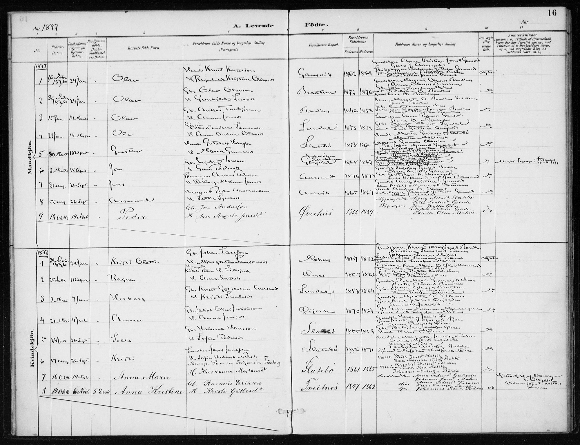 Kvinnherad sokneprestembete, SAB/A-76401/H/Haa: Parish register (official) no. F 1, 1887-1912, p. 16