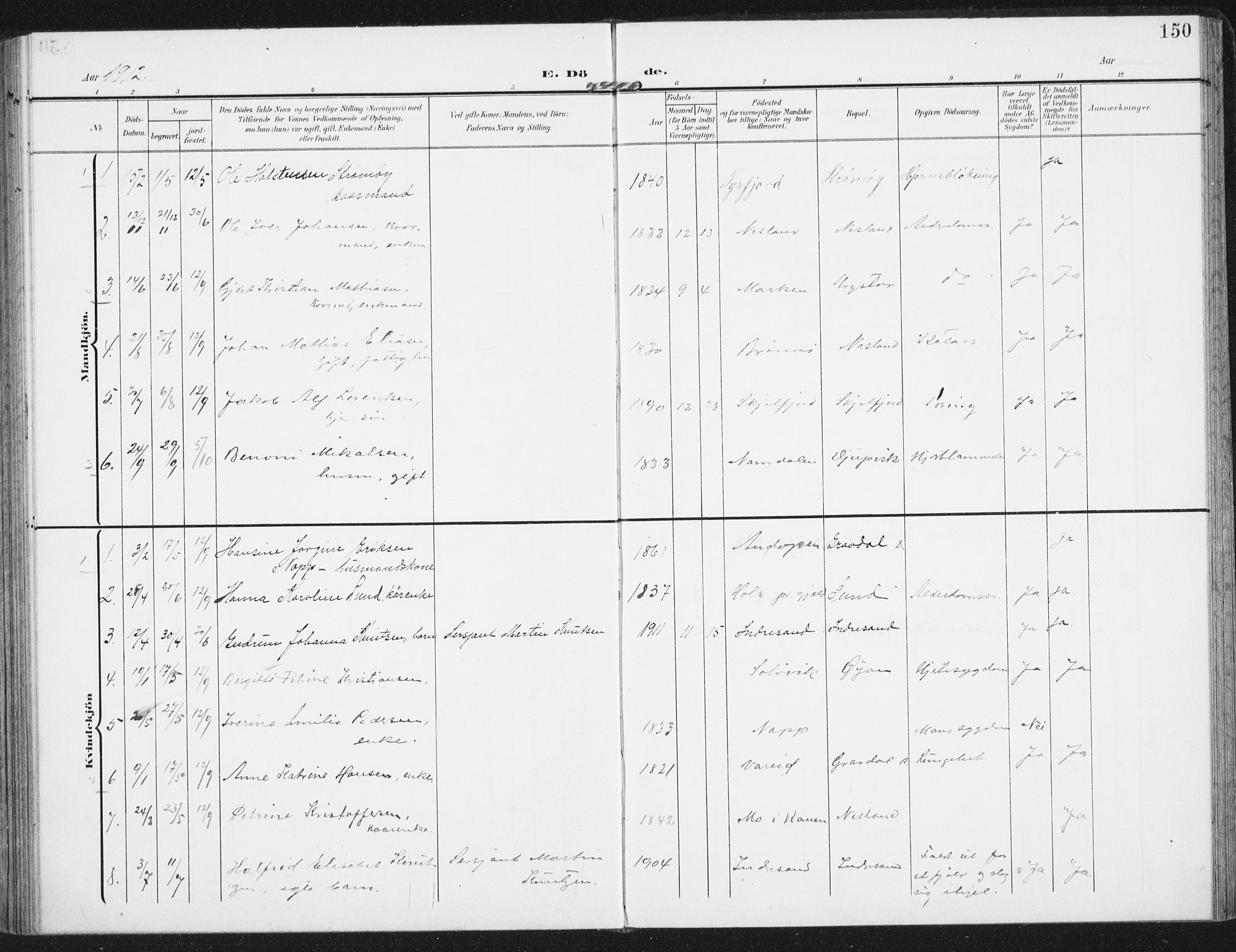 Ministerialprotokoller, klokkerbøker og fødselsregistre - Nordland, AV/SAT-A-1459/885/L1206: Parish register (official) no. 885A07, 1905-1915, p. 150