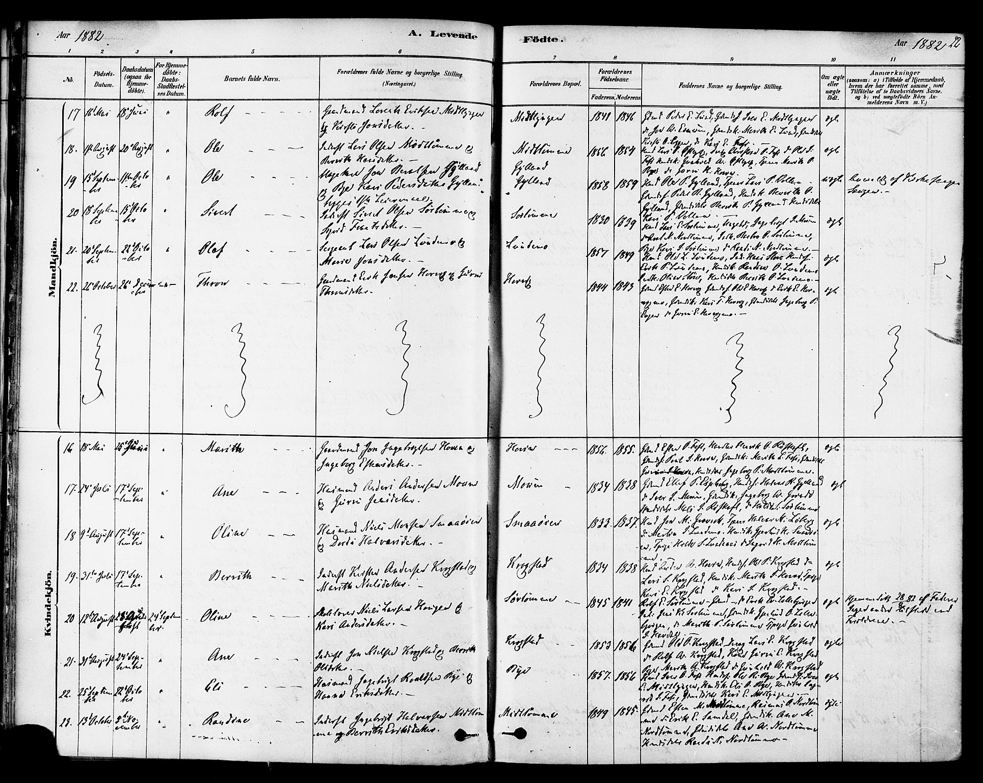 Ministerialprotokoller, klokkerbøker og fødselsregistre - Sør-Trøndelag, SAT/A-1456/692/L1105: Parish register (official) no. 692A05, 1878-1890, p. 22