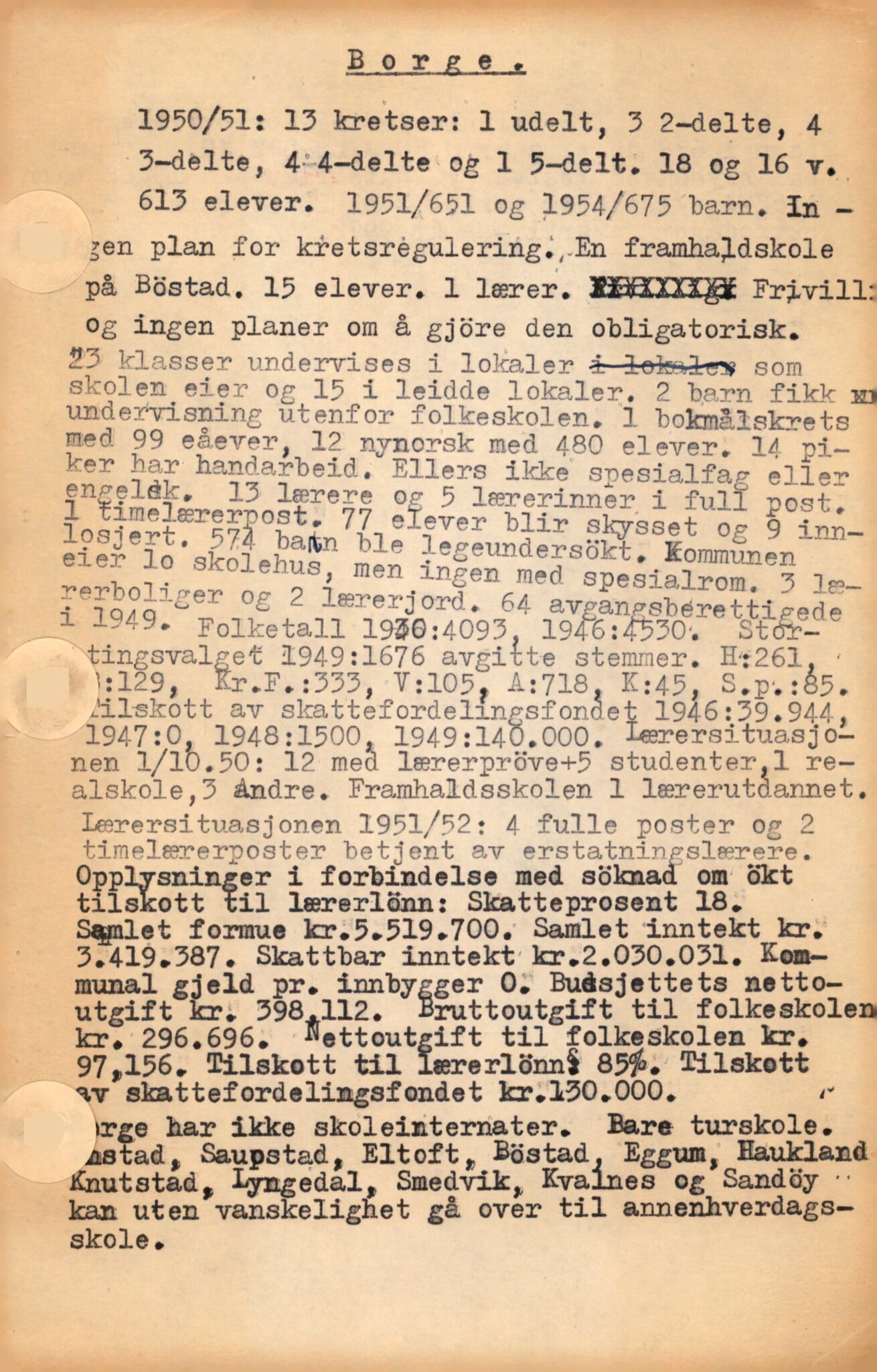 Nordland Fylkeskommune. Fylkesskolestyre, AIN/NFK-10-123/F/Fa/L0003: Borge, Brønnøy, Brønnøysund, Buknes og Bø, 1950-1960