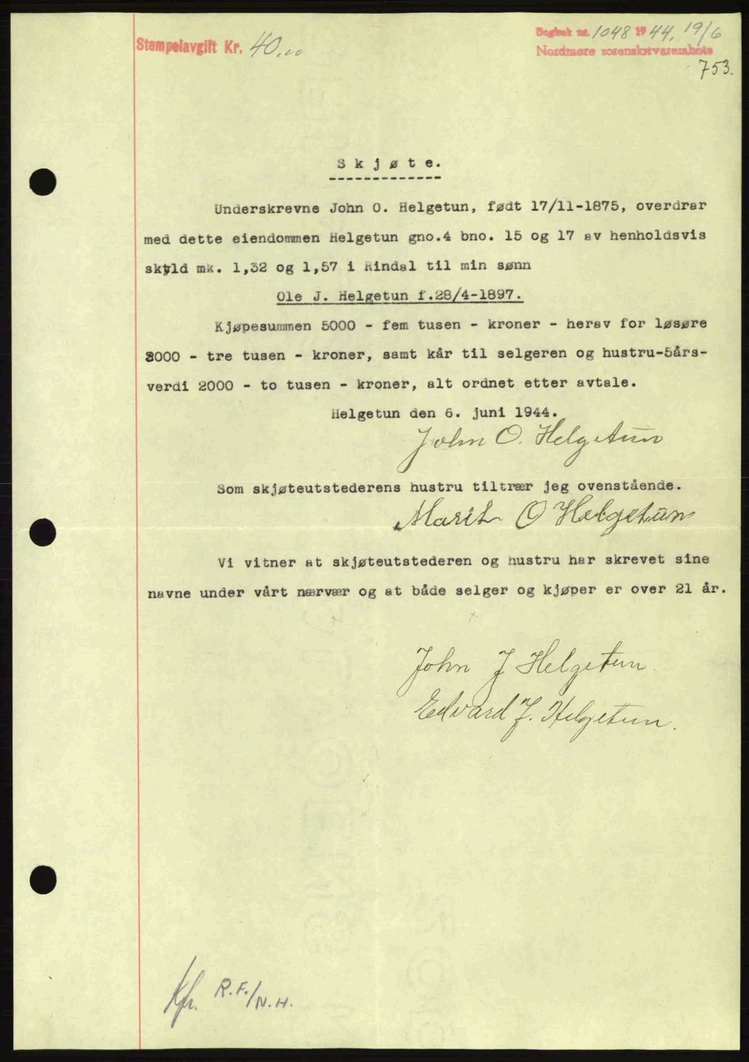 Nordmøre sorenskriveri, AV/SAT-A-4132/1/2/2Ca: Mortgage book no. A97, 1944-1944, Diary no: : 1048/1944