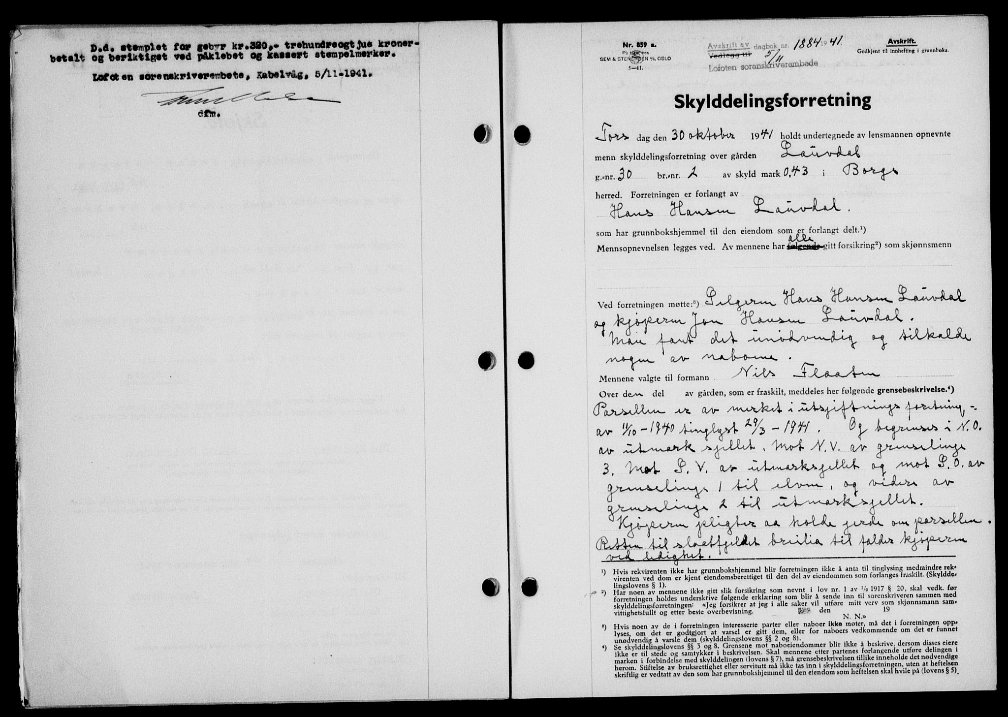 Lofoten sorenskriveri, SAT/A-0017/1/2/2C/L0009a: Mortgage book no. 9a, 1941-1942, Diary no: : 1884/1941