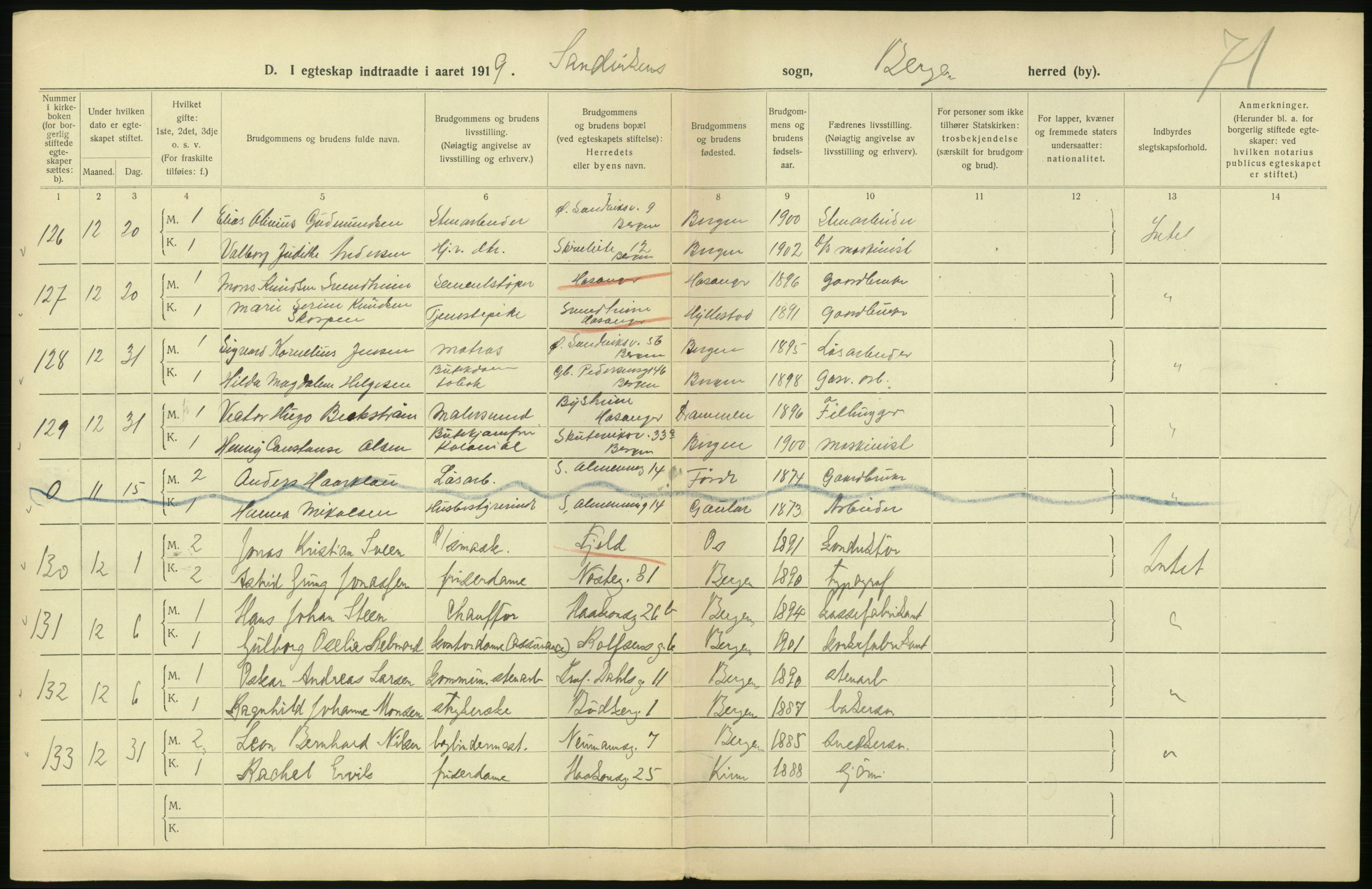 Statistisk sentralbyrå, Sosiodemografiske emner, Befolkning, AV/RA-S-2228/D/Df/Dfb/Dfbi/L0035: Bergen: Gifte, døde, dødfødte., 1919, p. 50