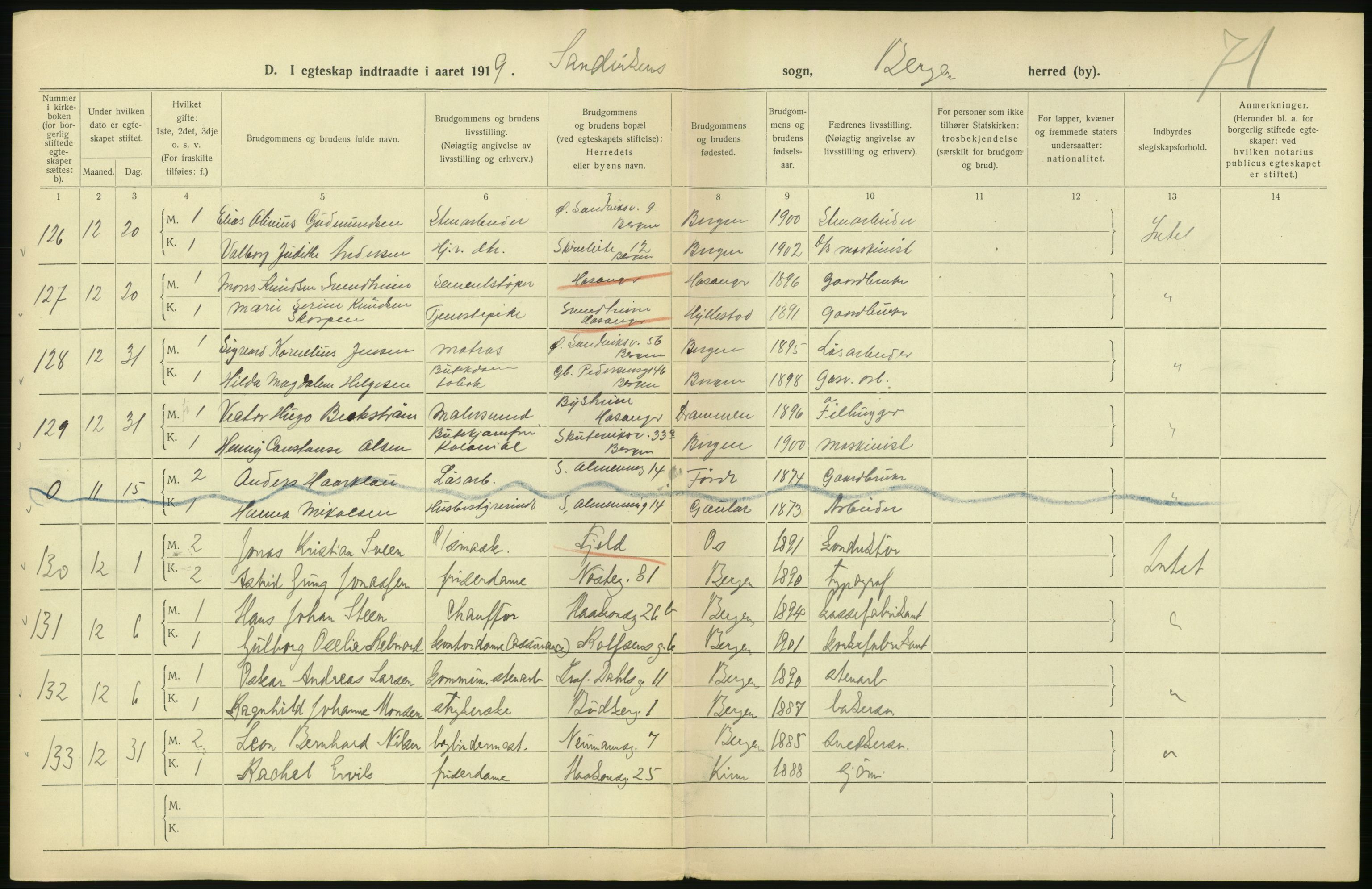 Statistisk sentralbyrå, Sosiodemografiske emner, Befolkning, RA/S-2228/D/Df/Dfb/Dfbi/L0035: Bergen: Gifte, døde, dødfødte., 1919, p. 50