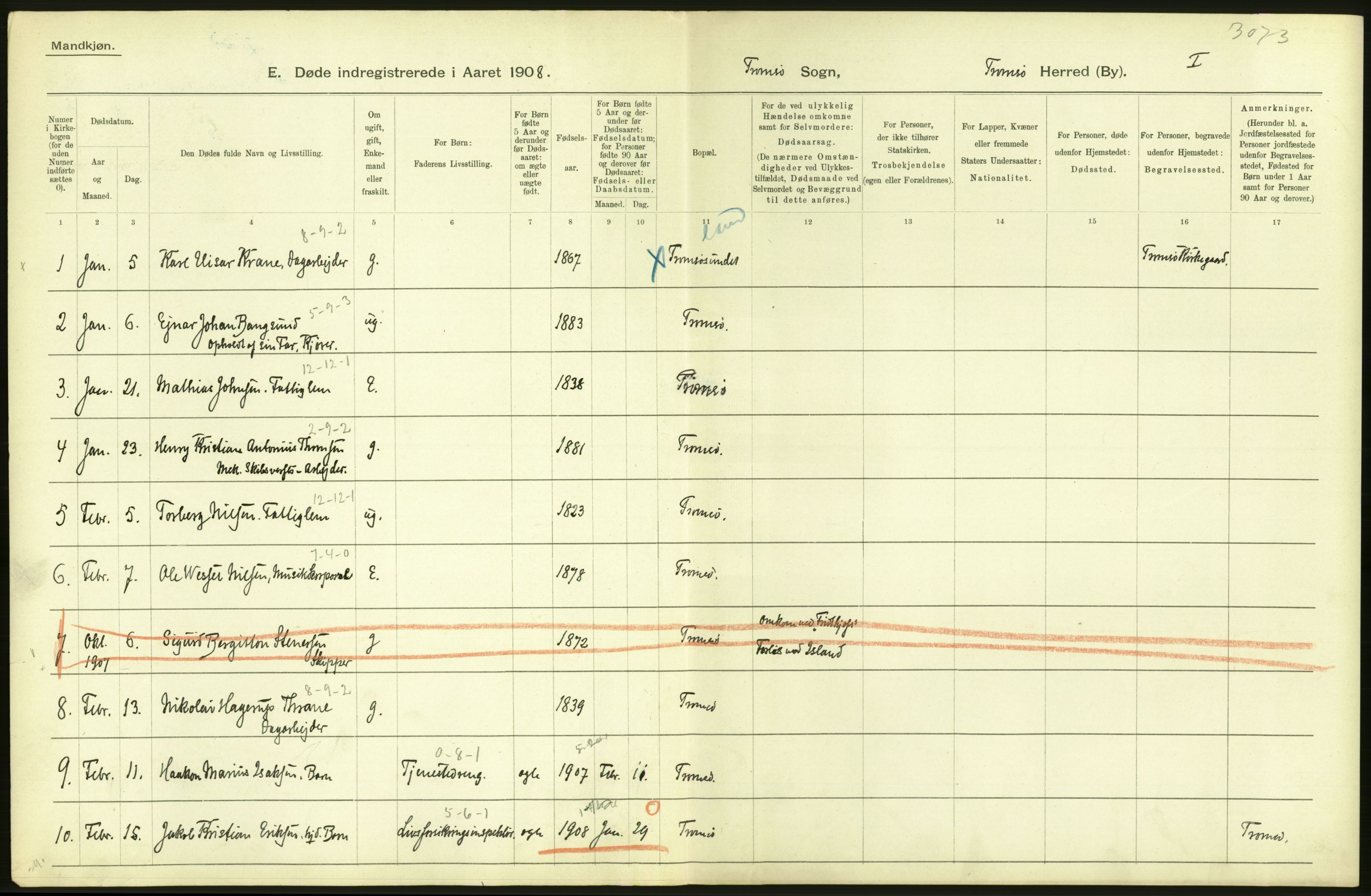 Statistisk sentralbyrå, Sosiodemografiske emner, Befolkning, AV/RA-S-2228/D/Df/Dfa/Dfaf/L0047: Tromsø amt: Gifte, døde, dødfødte. Bygder og byer., 1908, p. 74