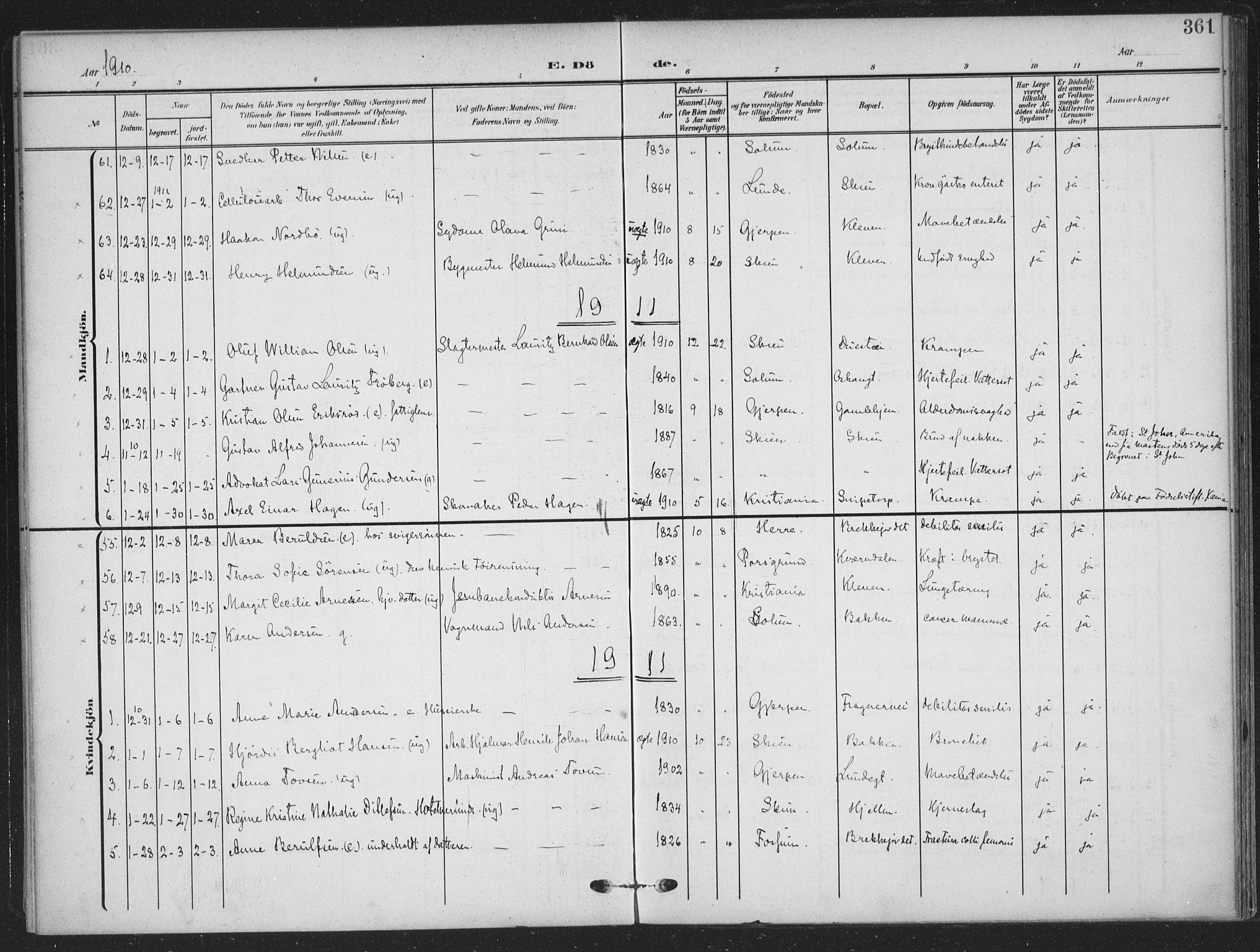 Skien kirkebøker, SAKO/A-302/F/Fa/L0012: Parish register (official) no. 12, 1908-1914, p. 361