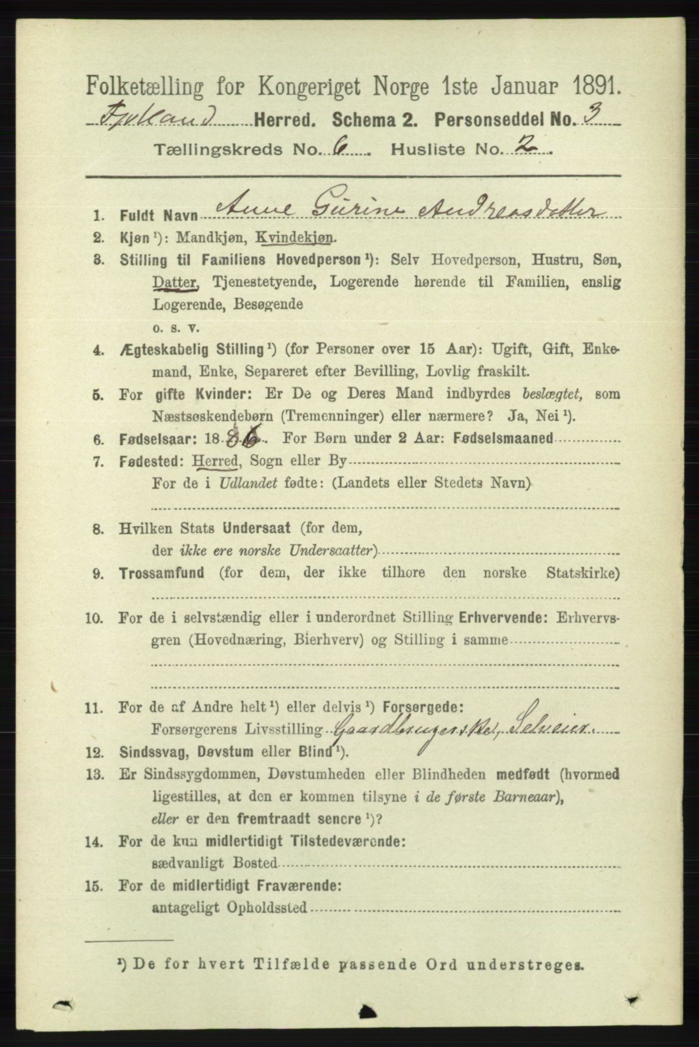 RA, 1891 census for 1036 Fjotland, 1891, p. 870