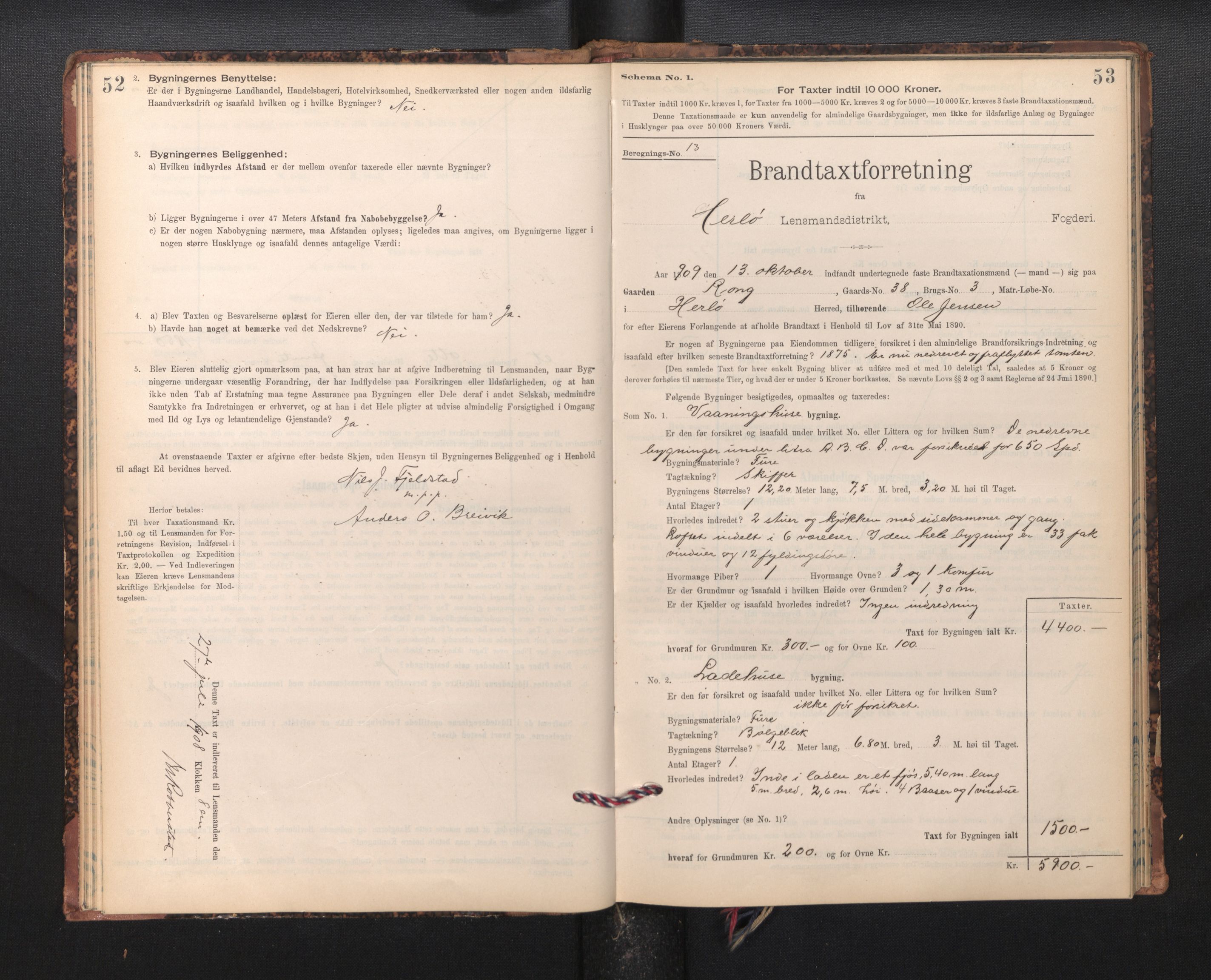 Lensmannen i Herdla, SAB/A-32901/0012/L0003:  Branntakstprotokoll skjematakst, 1897-1916, p. 52-53