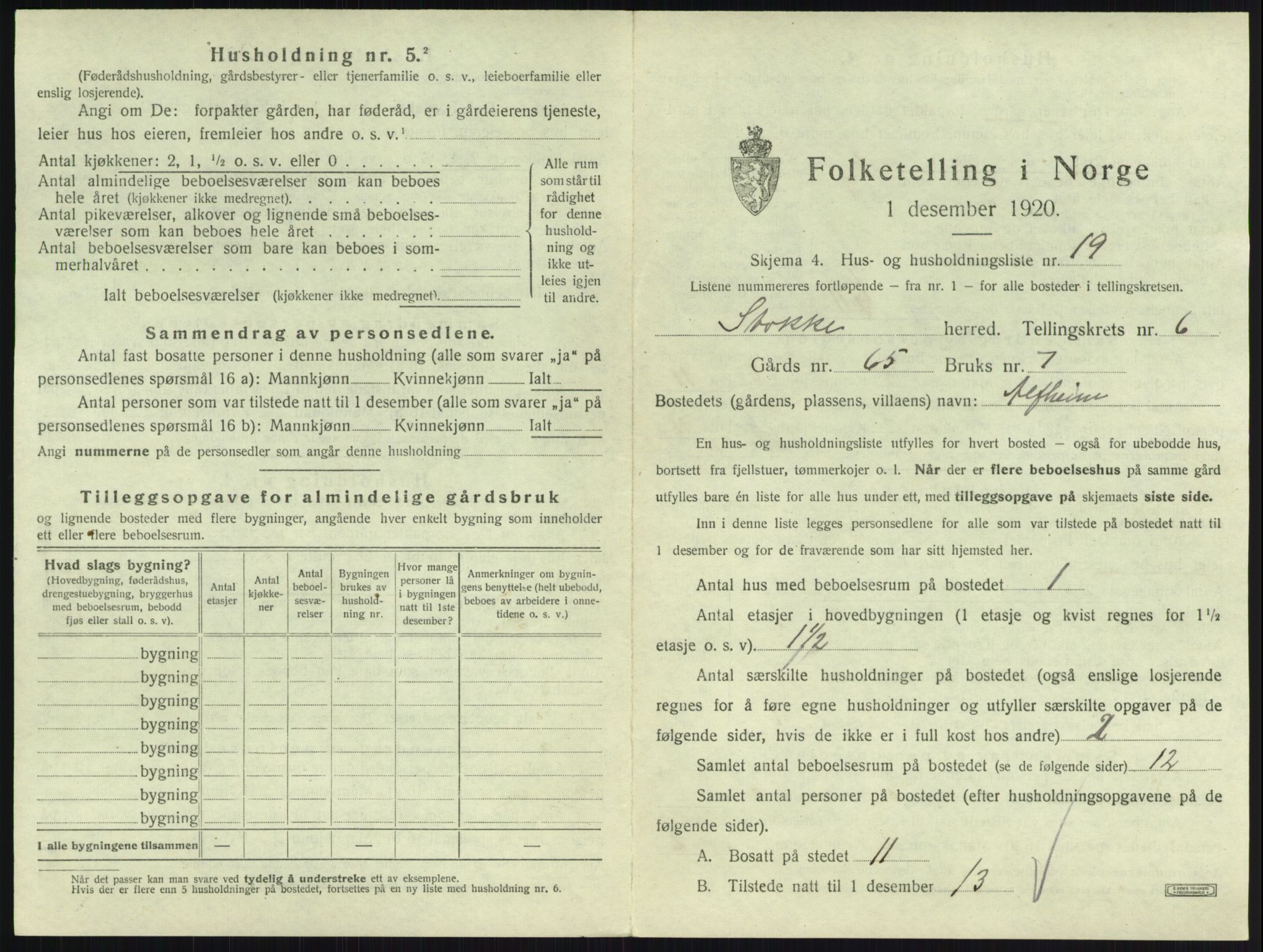 SAKO, 1920 census for Stokke, 1920, p. 1136