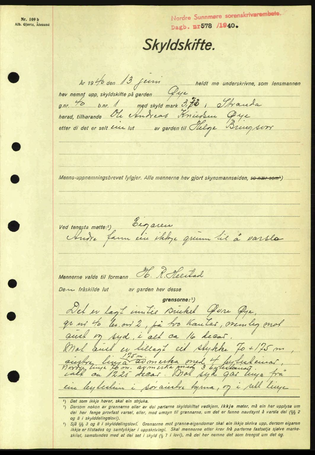 Nordre Sunnmøre sorenskriveri, AV/SAT-A-0006/1/2/2C/2Ca: Mortgage book no. A8, 1939-1940, Diary no: : 578/1940