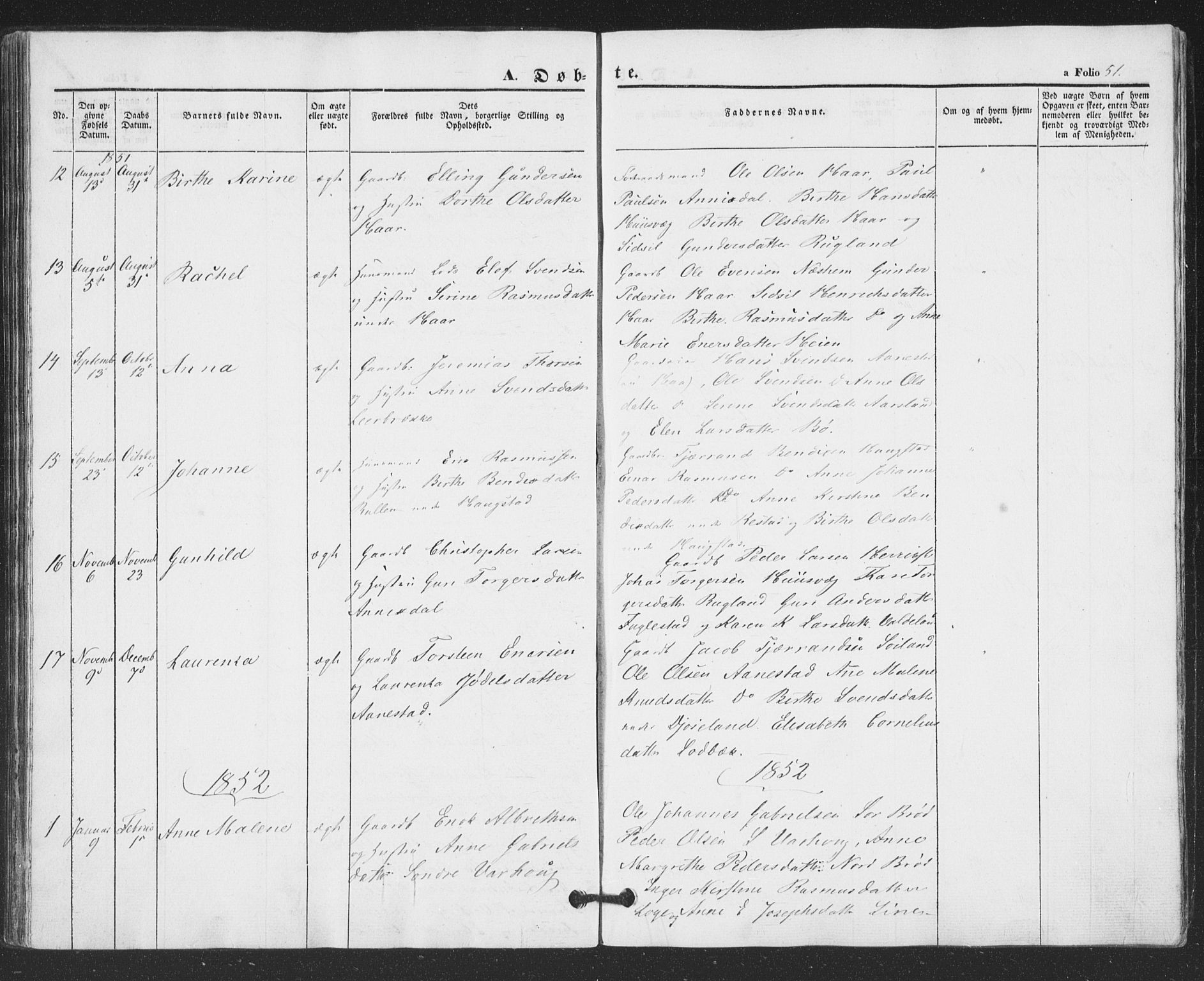 Hå sokneprestkontor, AV/SAST-A-101801/001/30BA/L0007: Parish register (official) no. A 6, 1842-1855, p. 51