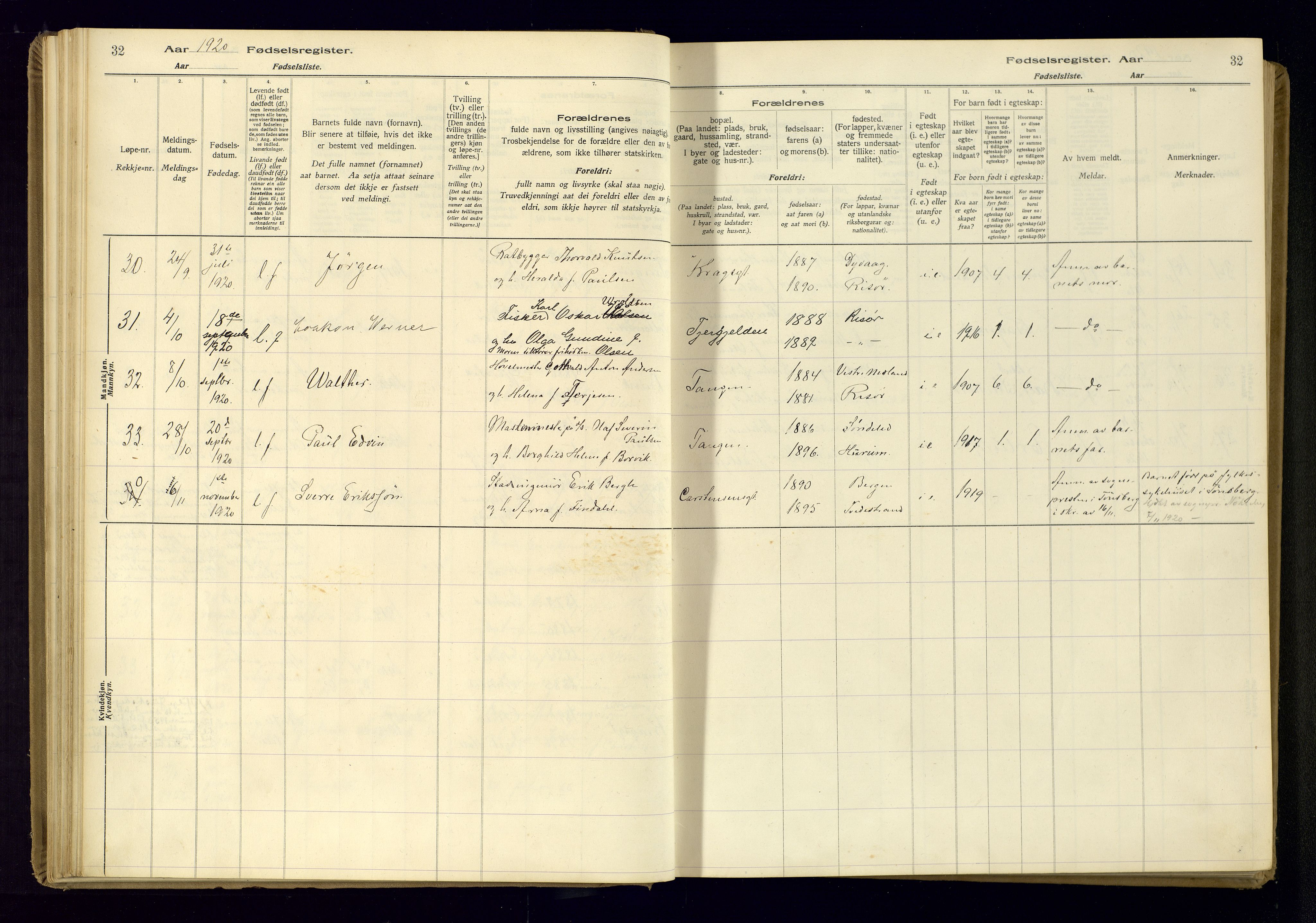 Risør sokneprestkontor, AV/SAK-1111-0035/J/Ja/L0001: Birth register no. A-VI-13, 1916-1947, p. 32