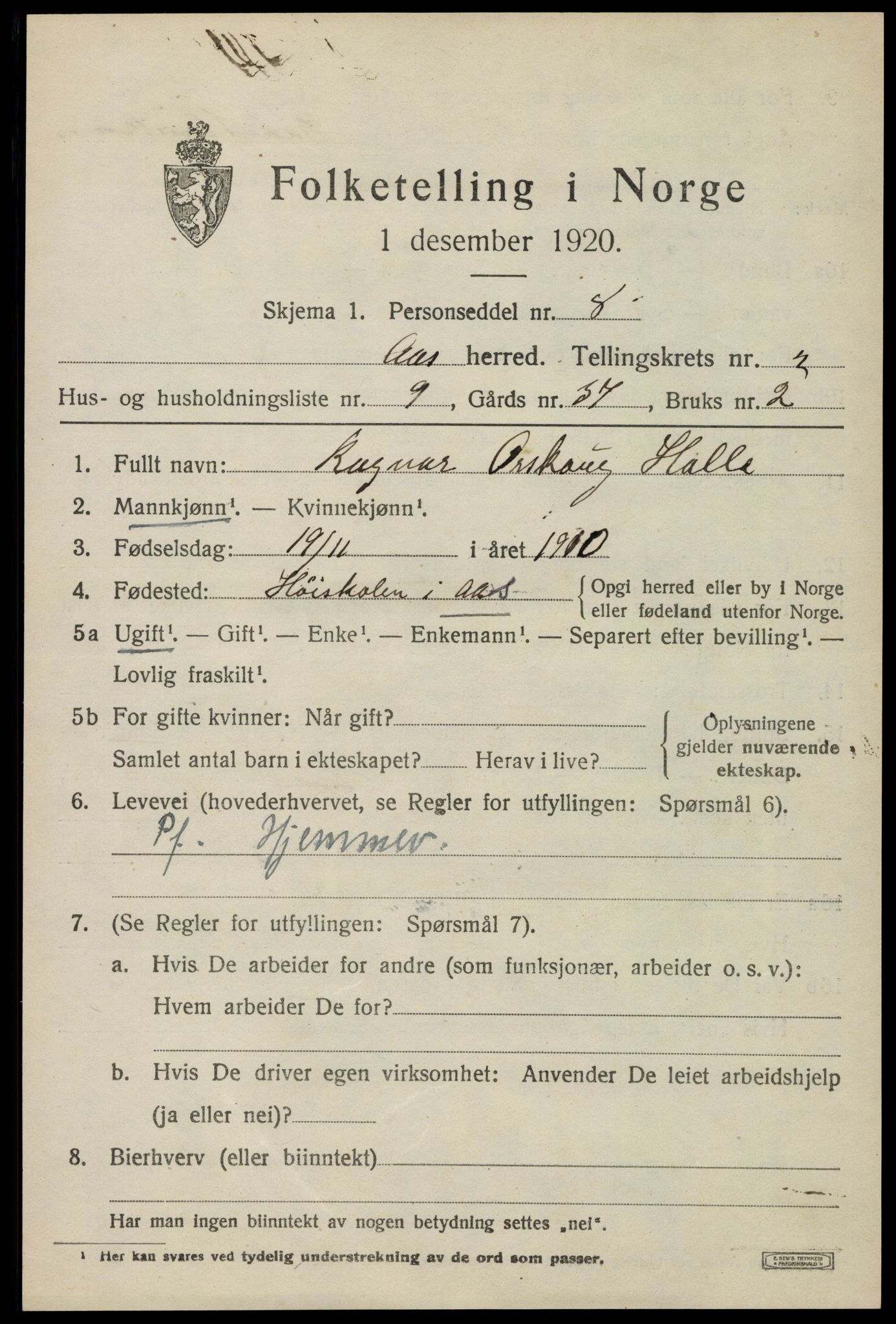 SAO, 1920 census for Ås, 1920, p. 2260