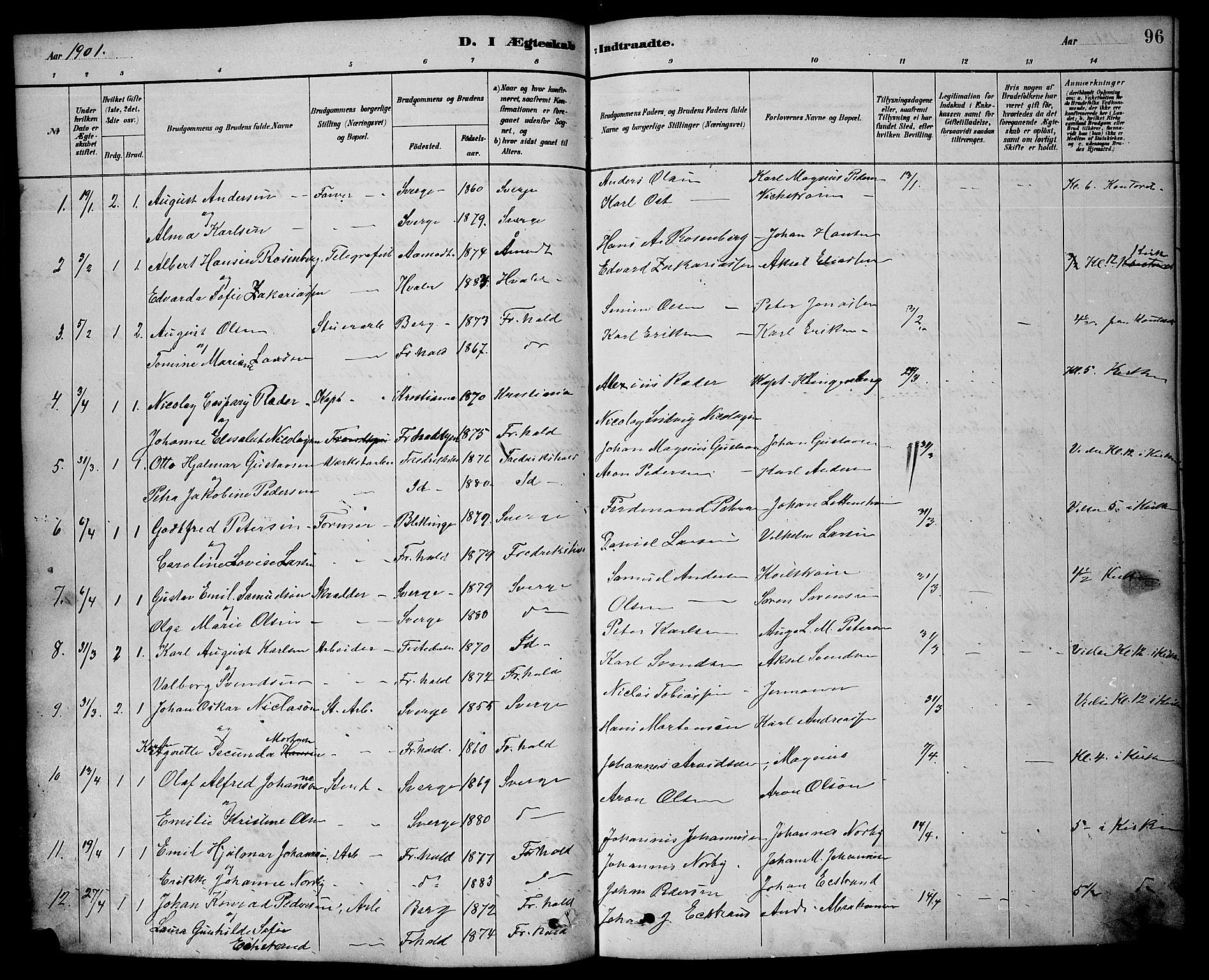 Halden prestekontor Kirkebøker, SAO/A-10909/G/Ga/L0009: Parish register (copy) no. 9, 1885-1908, p. 96