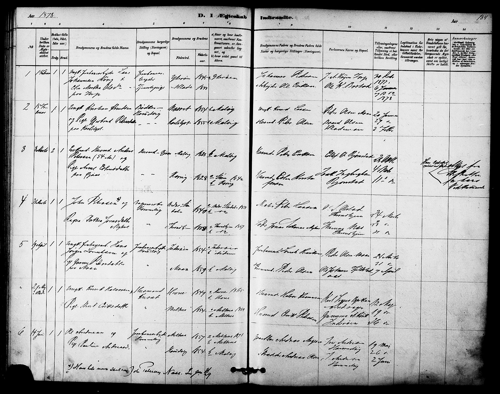Ministerialprotokoller, klokkerbøker og fødselsregistre - Sør-Trøndelag, SAT/A-1456/616/L0410: Parish register (official) no. 616A07, 1878-1893, p. 184