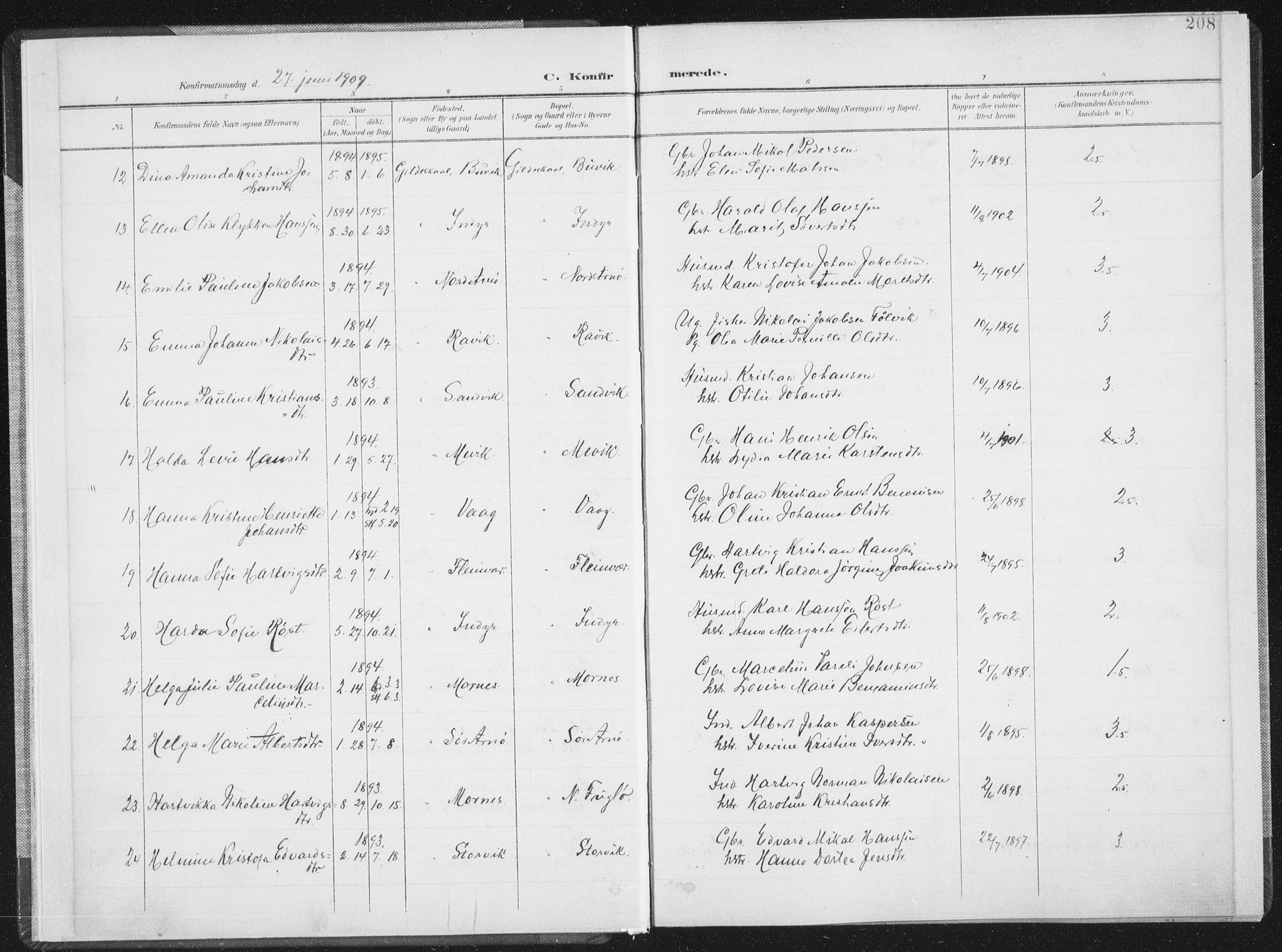 Ministerialprotokoller, klokkerbøker og fødselsregistre - Nordland, SAT/A-1459/805/L0103: Parish register (official) no. 805A08II, 1900-1909, p. 208