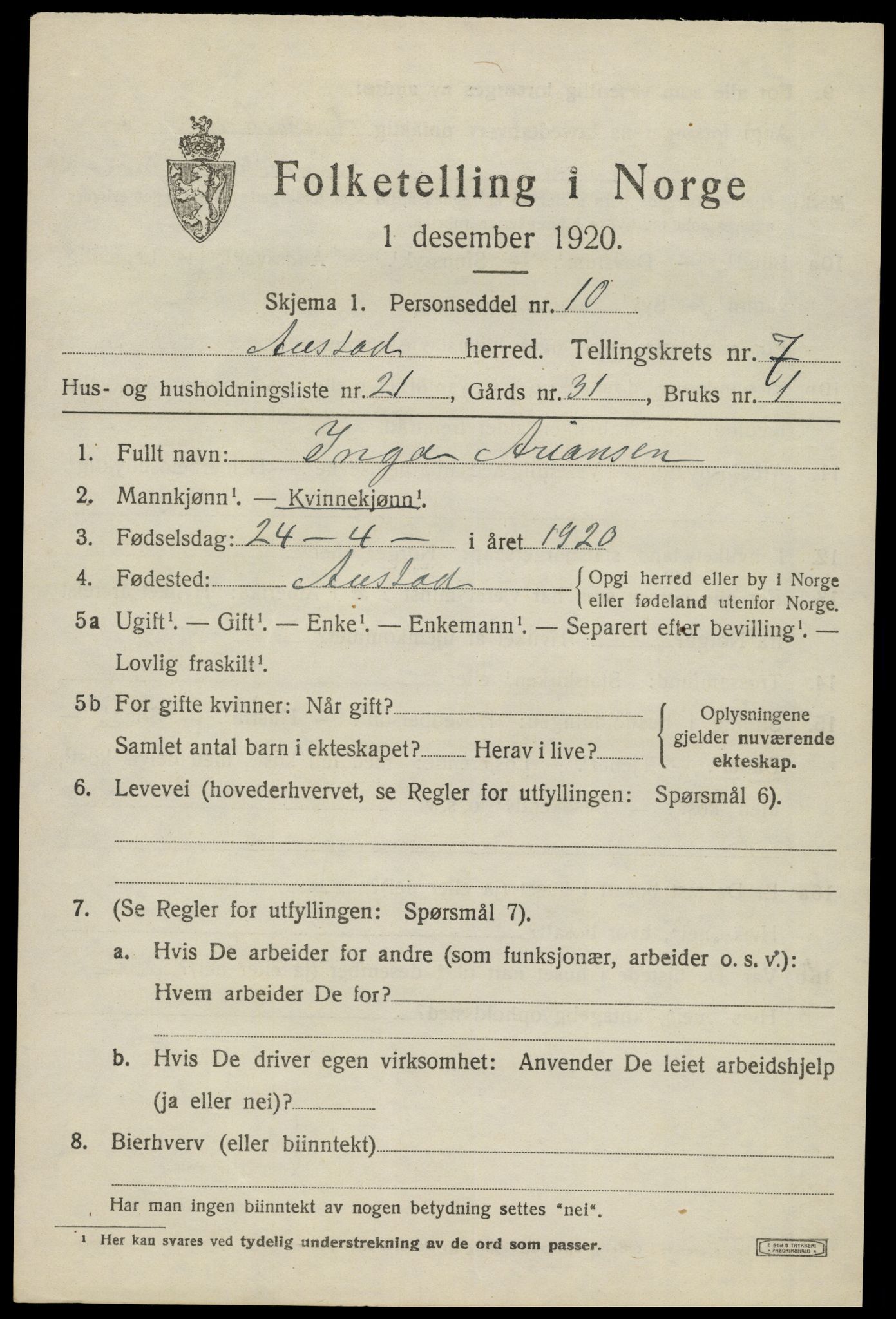 SAK, 1920 census for Austad, 1920, p. 2485