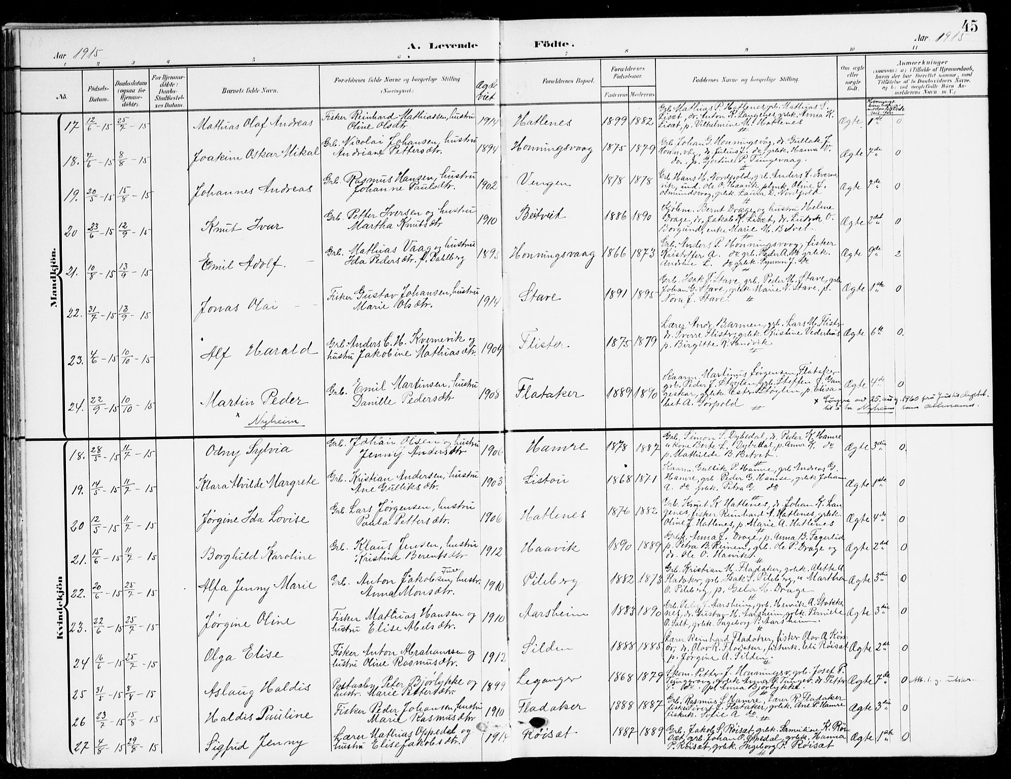 Selje sokneprestembete, AV/SAB-A-99938/H/Ha/Haa/Haab: Parish register (official) no. B 3, 1908-1923, p. 45
