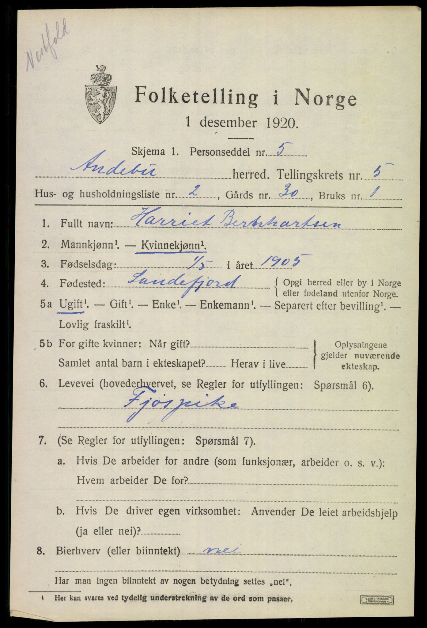 SAKO, 1920 census for Andebu, 1920, p. 2658