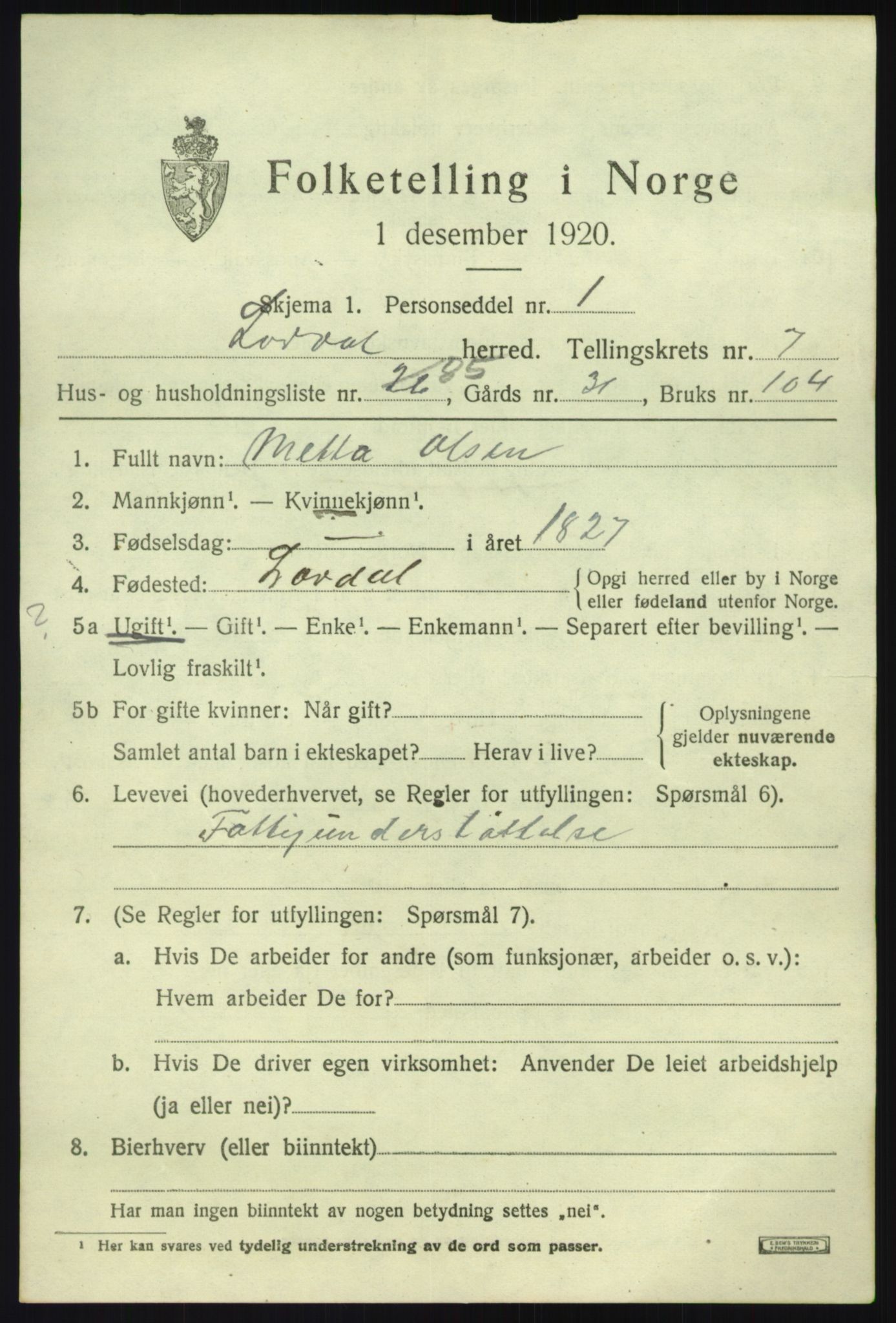 SAB, 1920 census for Lærdal, 1920, p. 3944