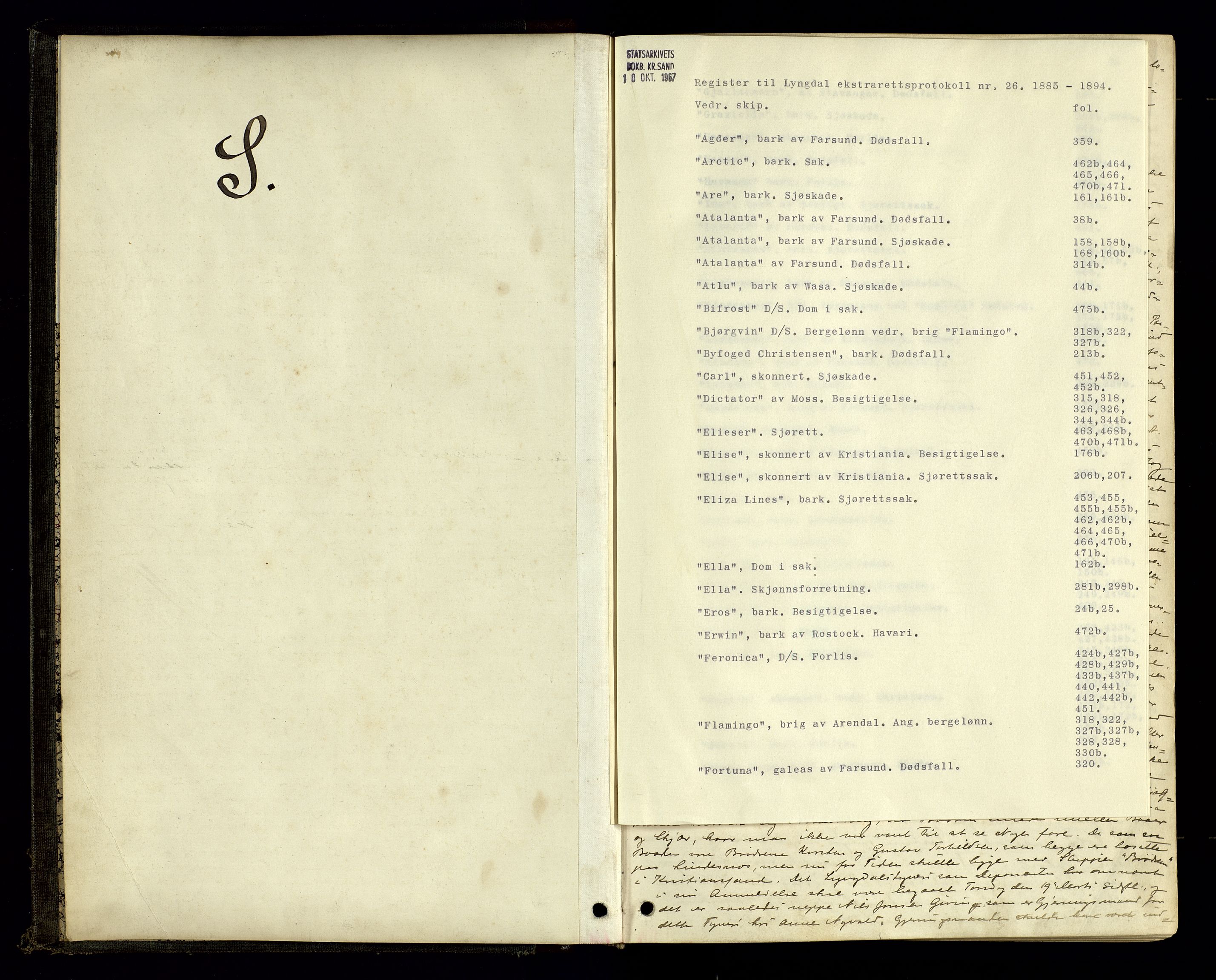 Lyngdal sorenskriveri, SAK/1221-0004/F/Fb/L0090: Ekstrarettsprotokoll nr. 26, 1885-1894