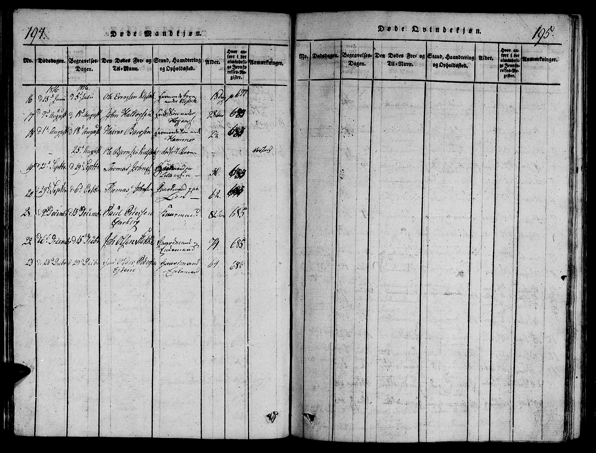 Ministerialprotokoller, klokkerbøker og fødselsregistre - Sør-Trøndelag, SAT/A-1456/695/L1141: Parish register (official) no. 695A04 /1, 1816-1824, p. 194-195