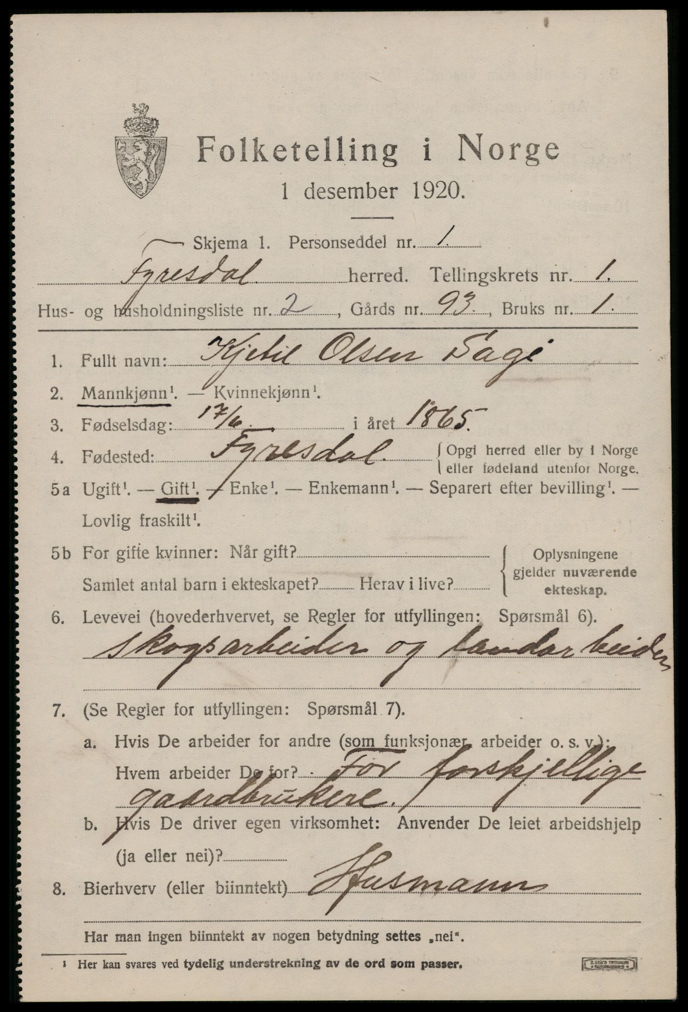 SAKO, 1920 census for Fyresdal, 1920, p. 977