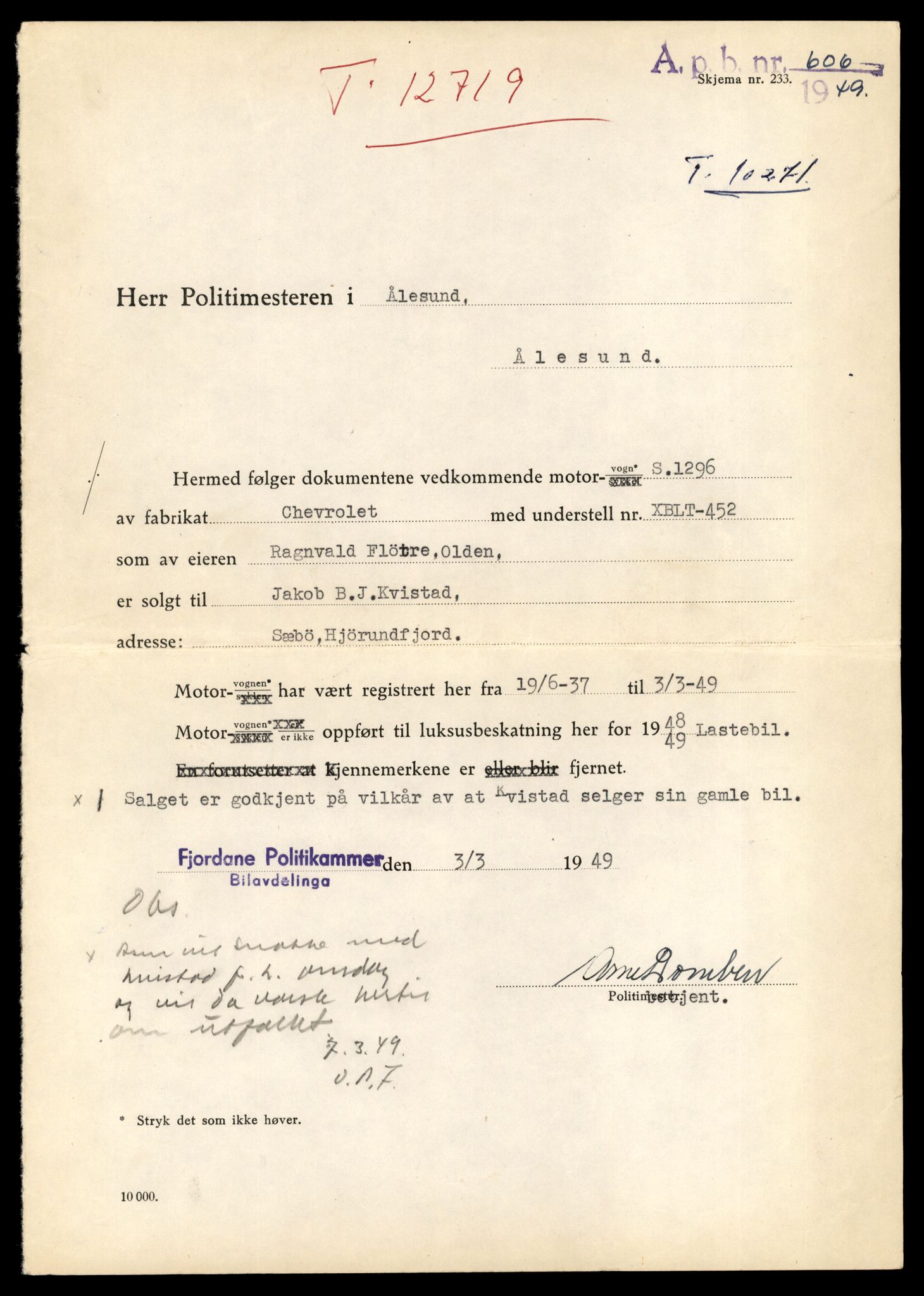 Møre og Romsdal vegkontor - Ålesund trafikkstasjon, AV/SAT-A-4099/F/Fe/L0035: Registreringskort for kjøretøy T 12653 - T 12829, 1927-1998, p. 1256