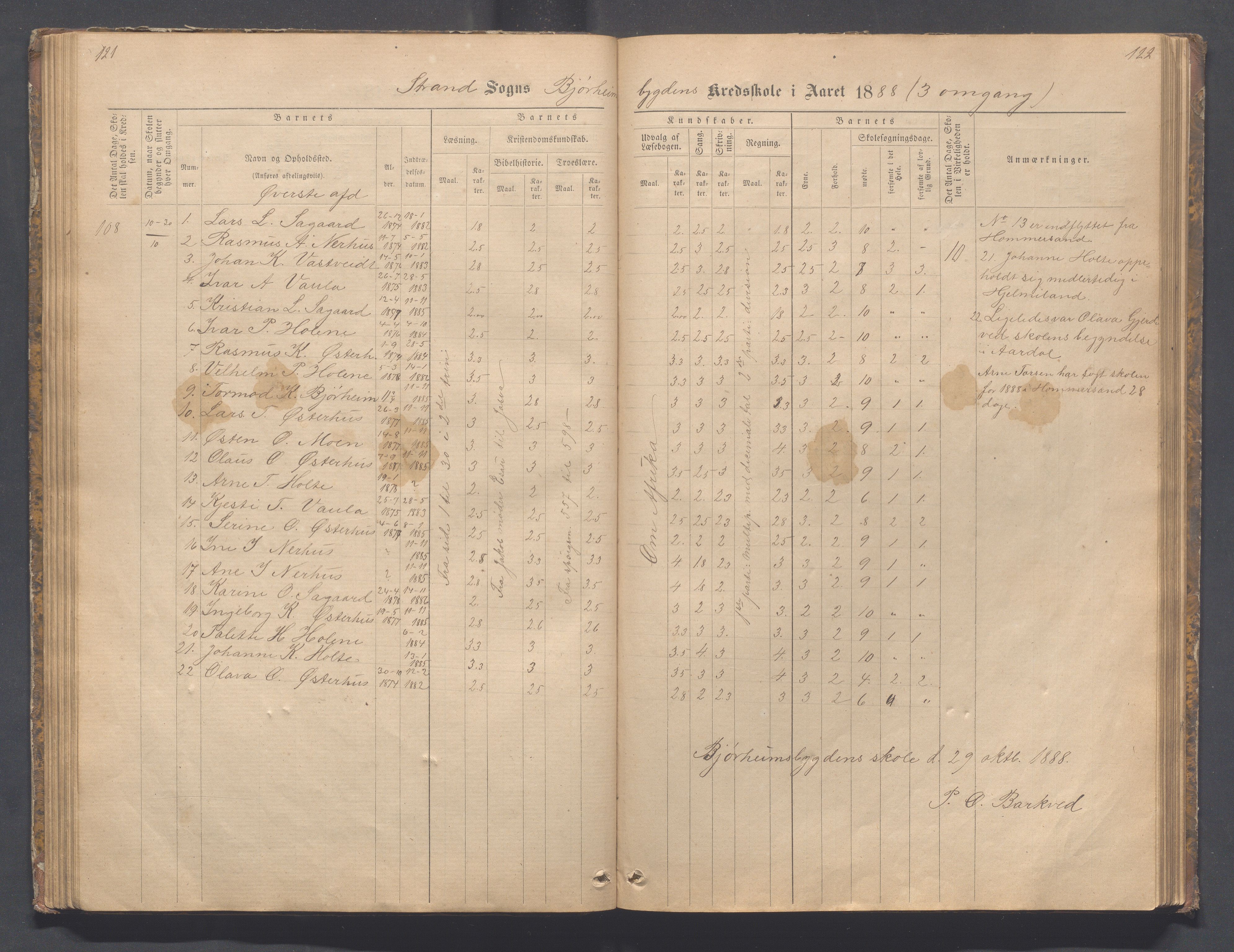 Strand kommune - Bjørheimsbygd skole, IKAR/A-147/H/L0001: Skoleprotokoll for Bjørheimsbygd,Lekvam og Hidle krets, 1873-1884, p. 121-122