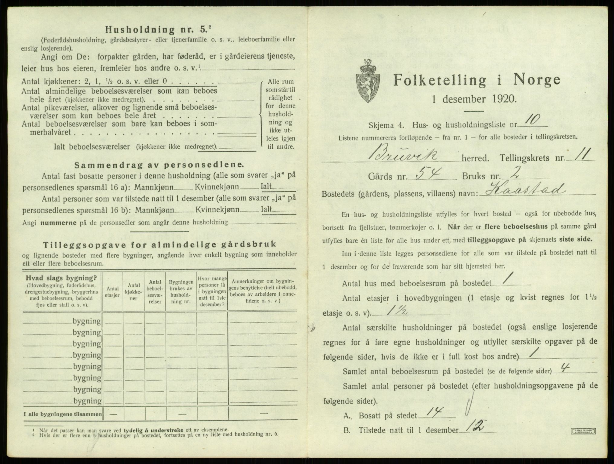 SAB, 1920 census for Bruvik, 1920, p. 841