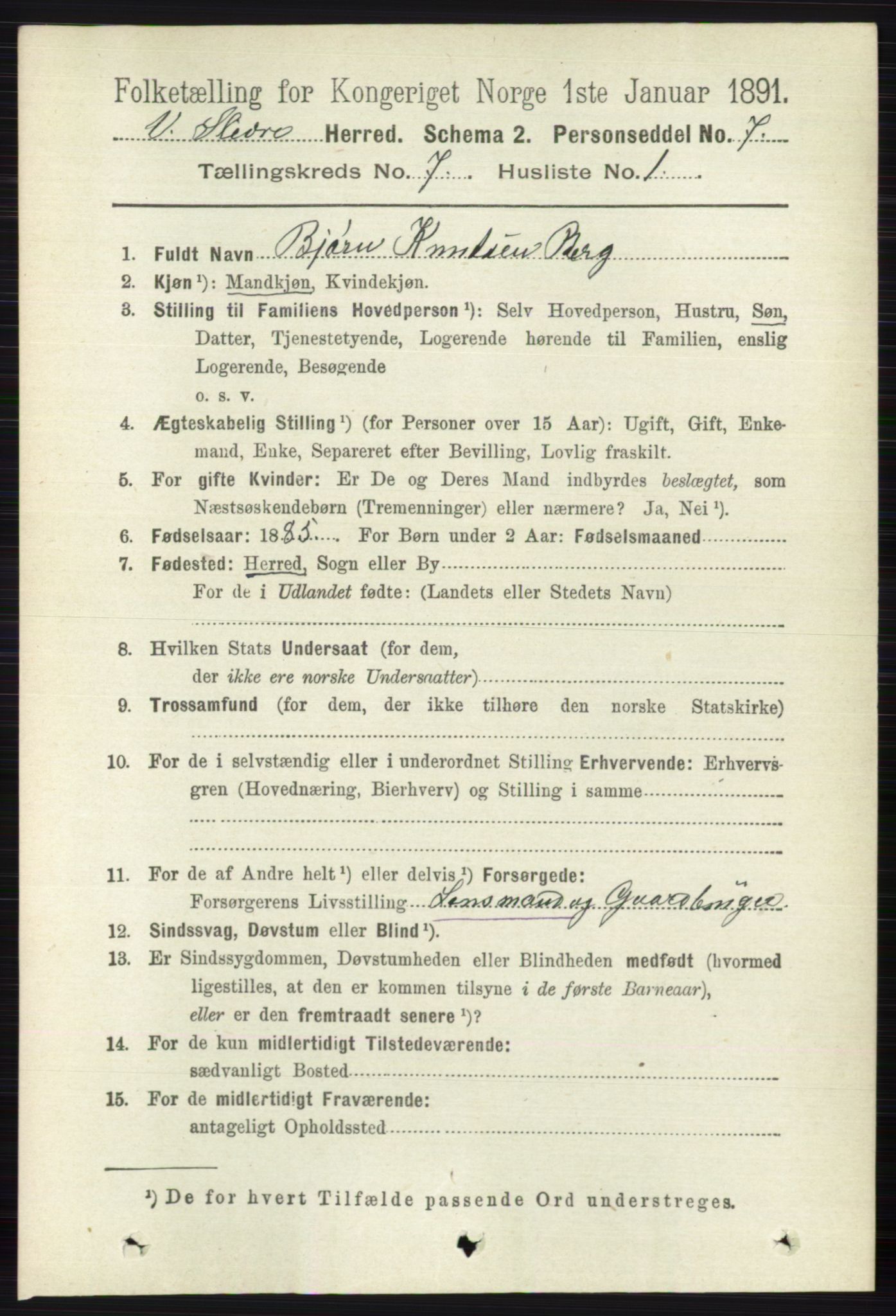 RA, 1891 census for 0543 Vestre Slidre, 1891, p. 2579