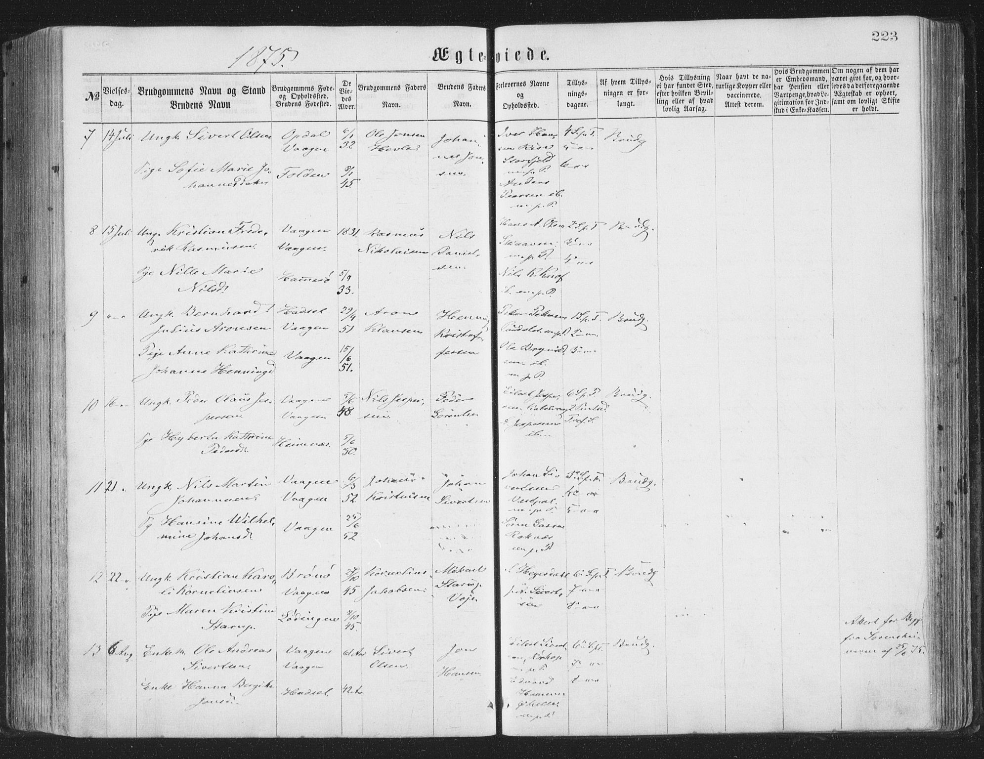 Ministerialprotokoller, klokkerbøker og fødselsregistre - Nordland, AV/SAT-A-1459/874/L1057: Parish register (official) no. 874A01, 1866-1877, p. 223