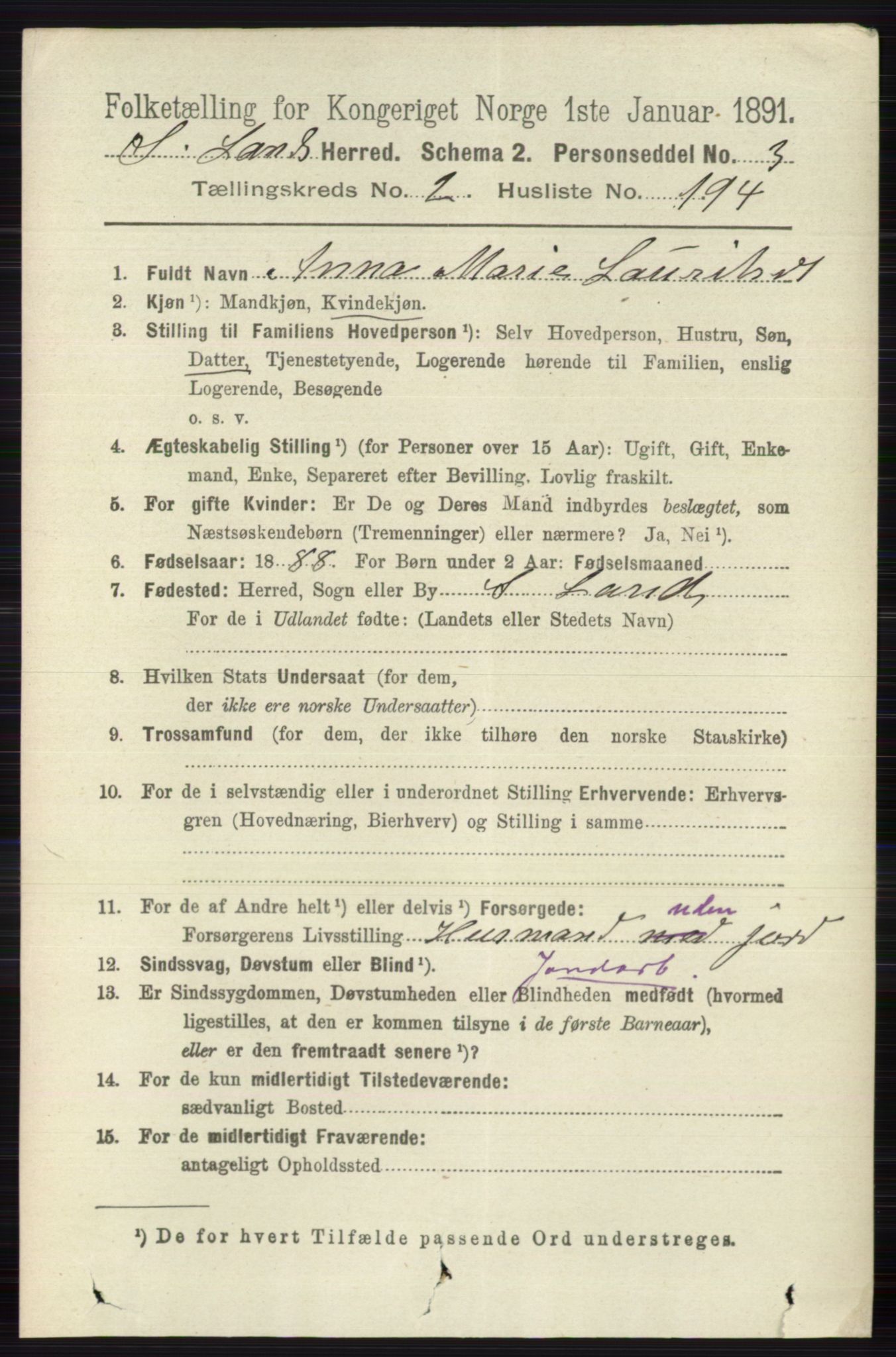 RA, 1891 census for 0536 Søndre Land, 1891, p. 2263