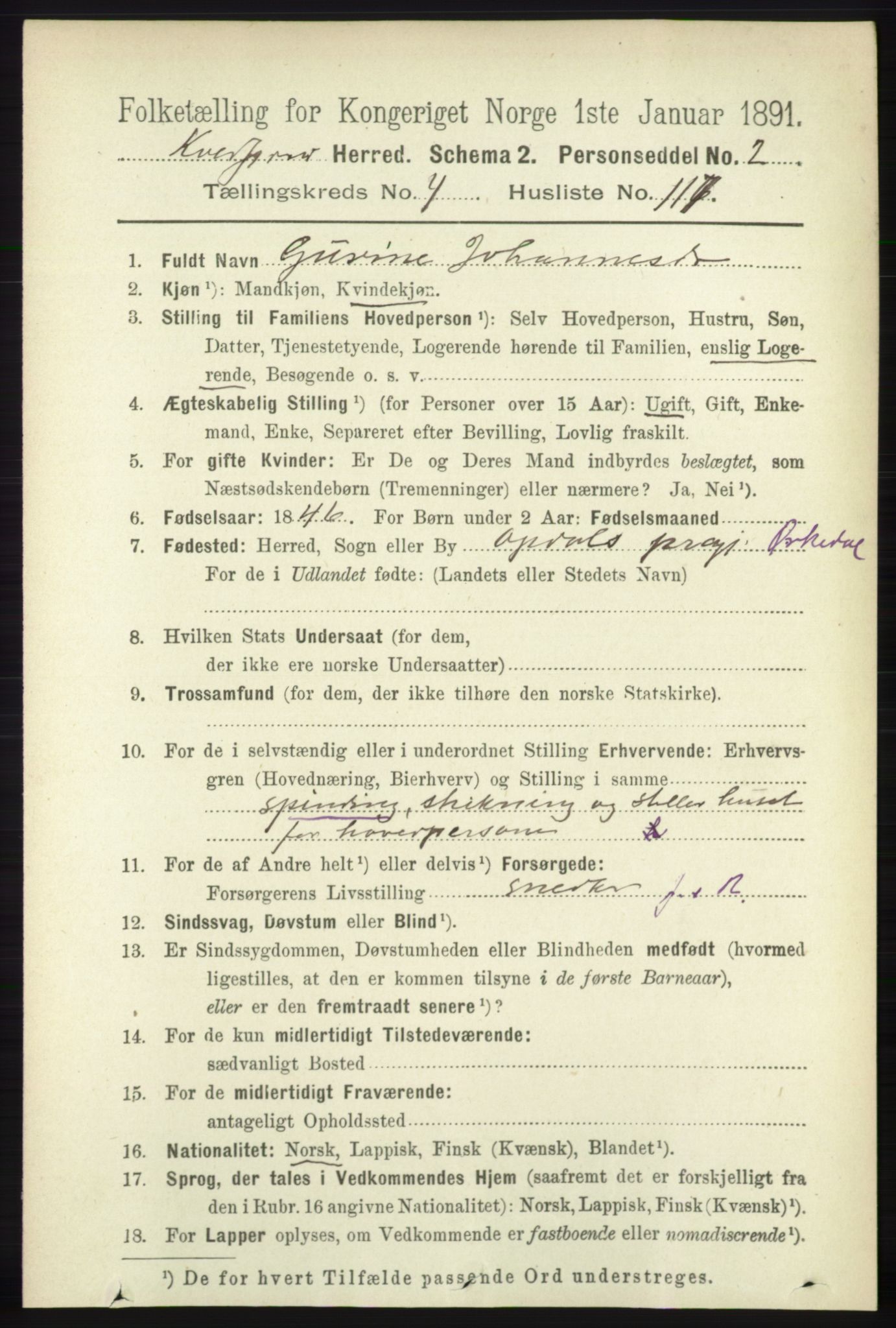 RA, 1891 census for 1911 Kvæfjord, 1891, p. 2640