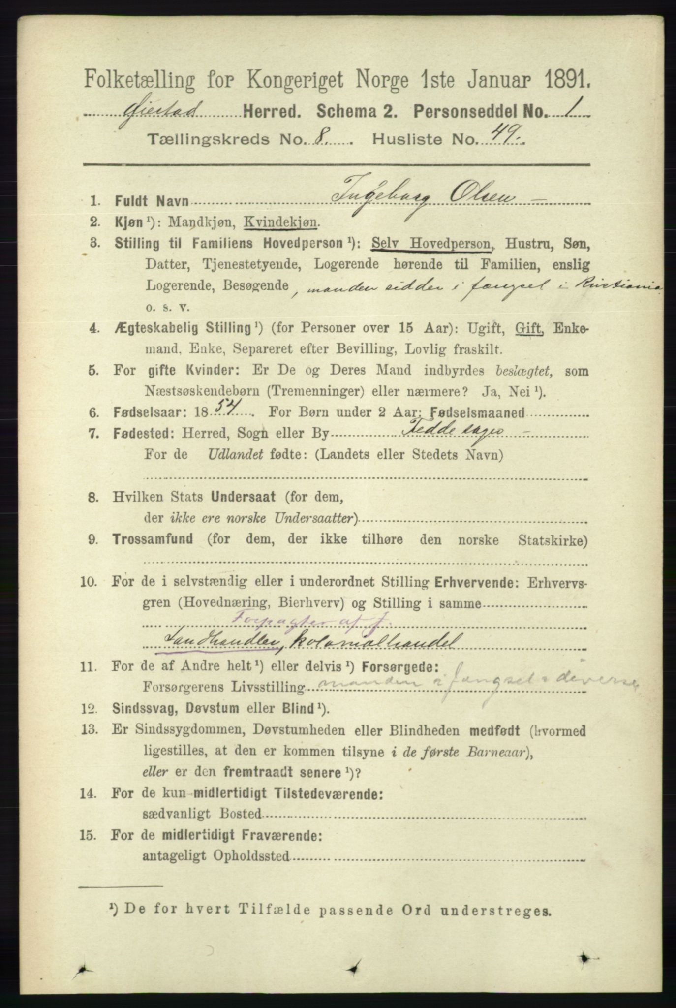 RA, 1891 census for 0920 Øyestad, 1891, p. 3462