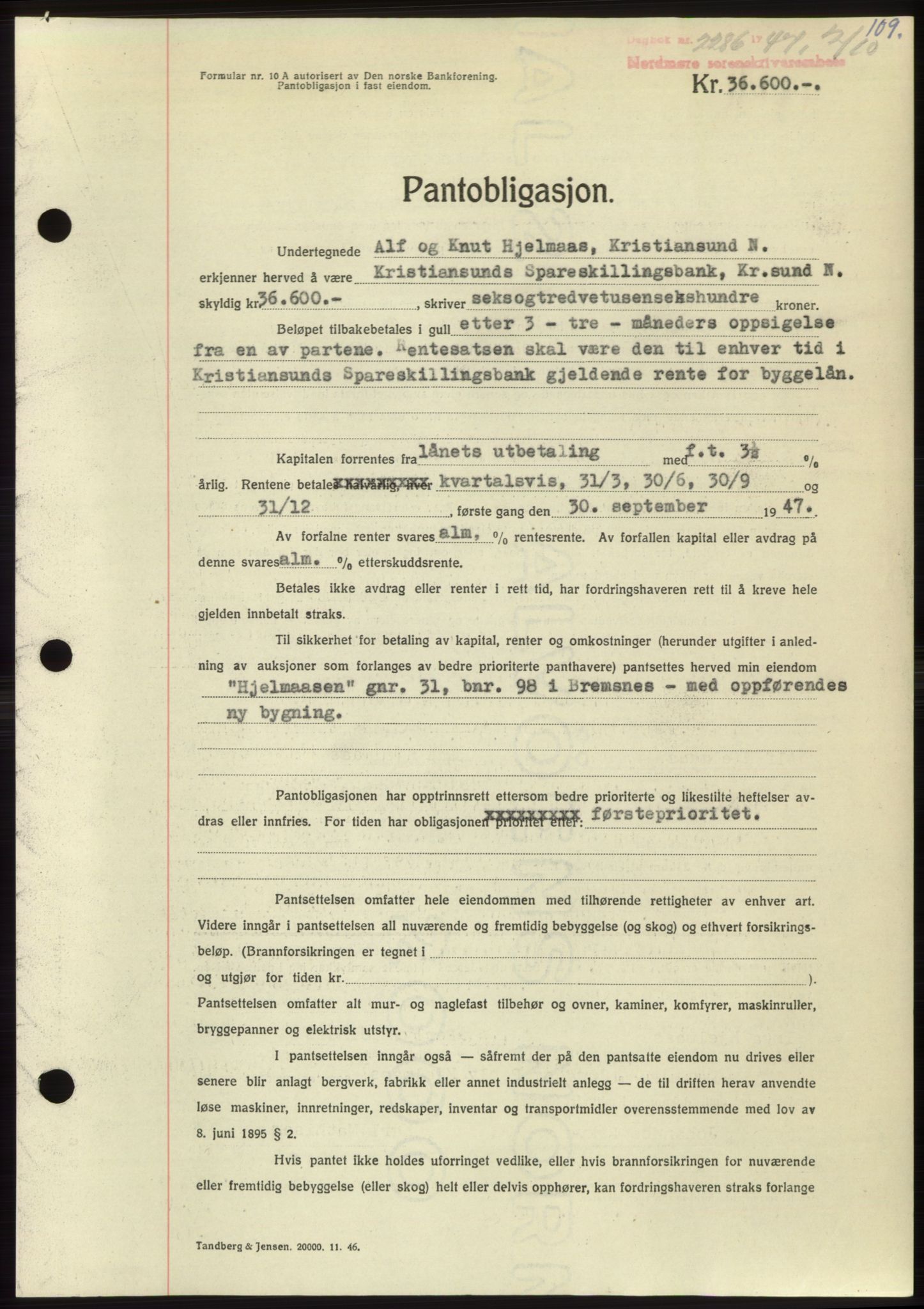 Nordmøre sorenskriveri, AV/SAT-A-4132/1/2/2Ca: Mortgage book no. B97, 1947-1948, Diary no: : 2286/1947