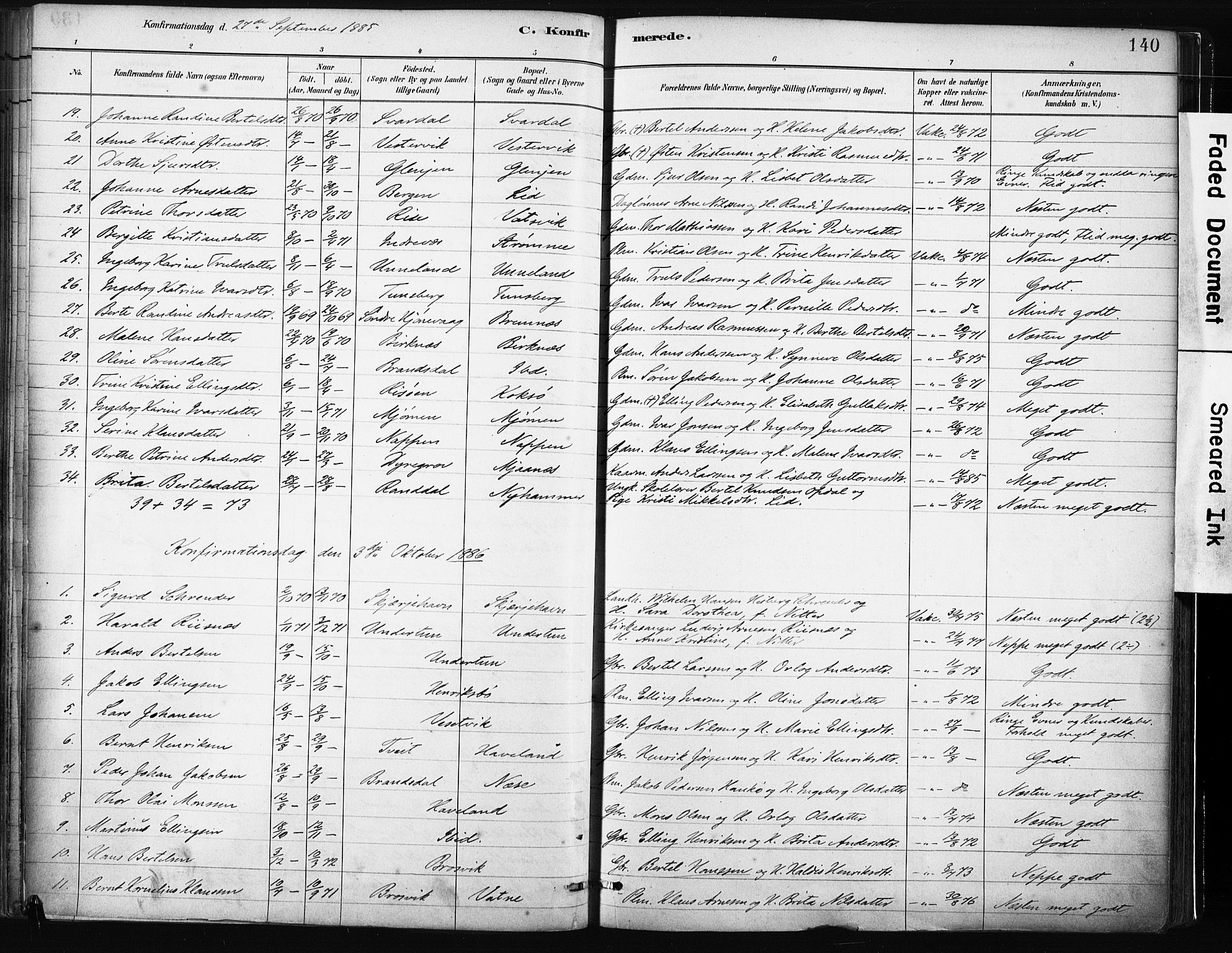 Gulen sokneprestembete, SAB/A-80201/H/Haa/Haab/L0001: Parish register (official) no. B 1, 1881-1905, p. 140