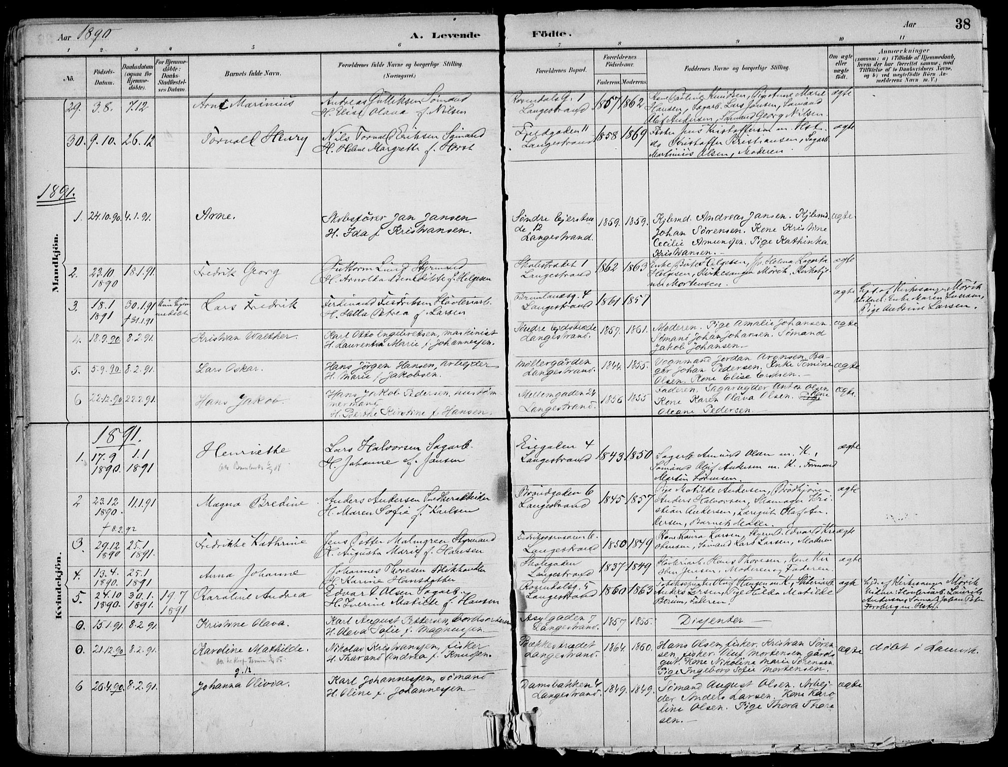 Larvik kirkebøker, AV/SAKO-A-352/F/Fb/L0004: Parish register (official) no. II 4, 1884-1902, p. 38