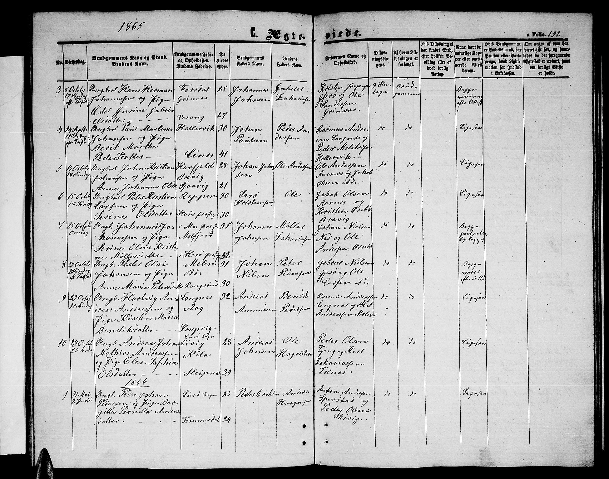 Ministerialprotokoller, klokkerbøker og fødselsregistre - Nordland, SAT/A-1459/841/L0619: Parish register (copy) no. 841C03, 1856-1876, p. 192