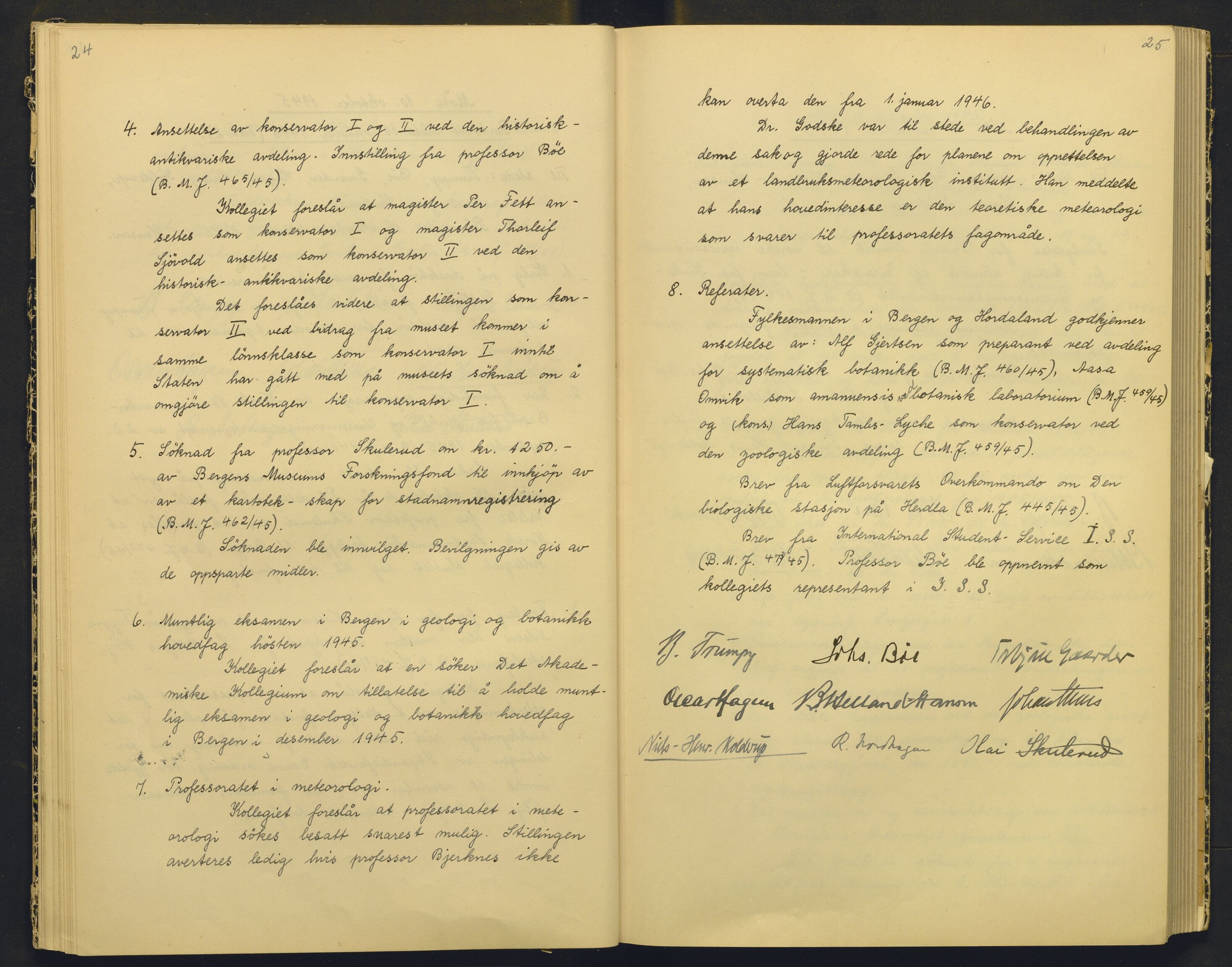 Bergens Museum, AV/SAB-A-17301/18/A/L0004: Professorkollegiets møtebok med register , 1945-1949, p. 24-25