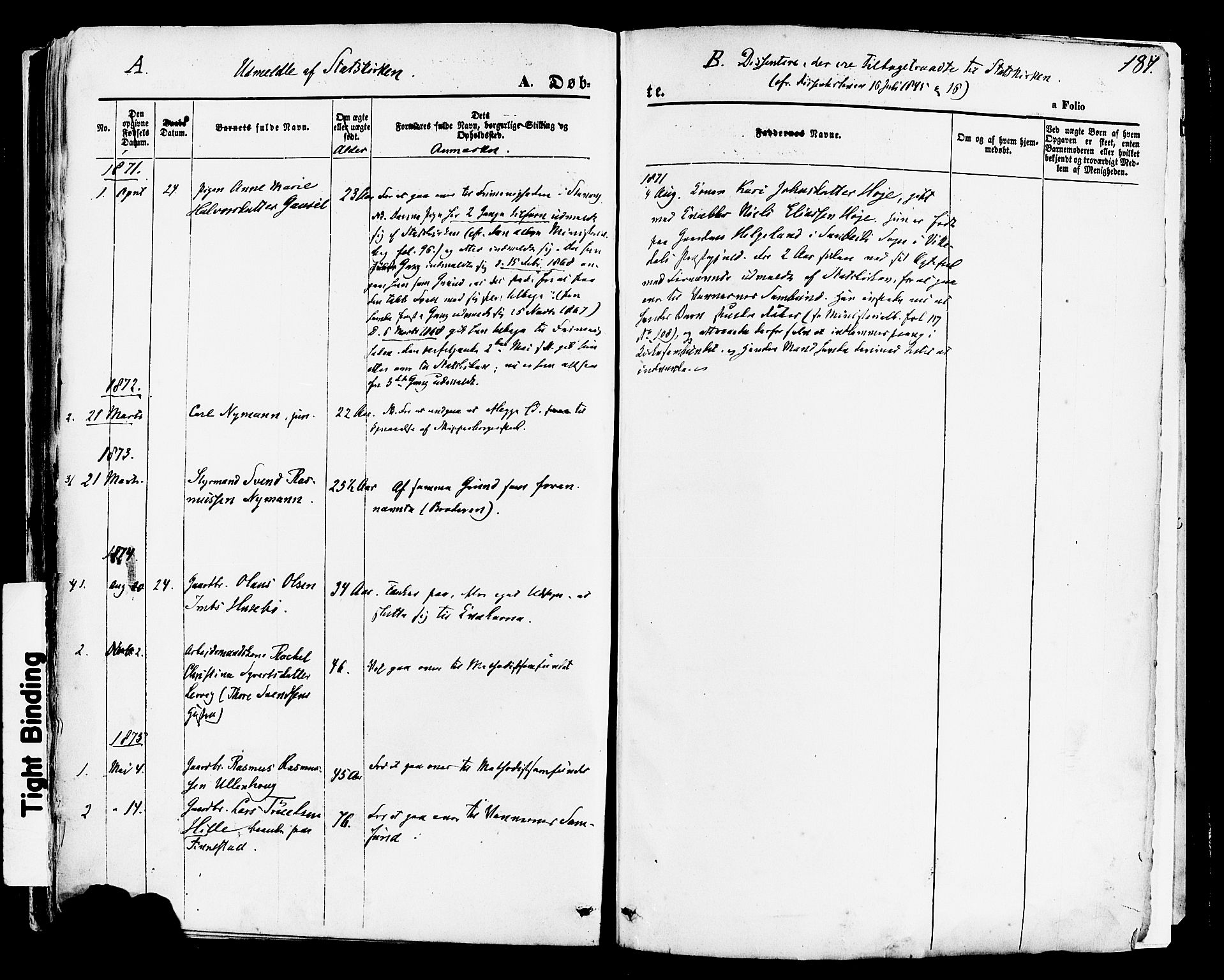 Hetland sokneprestkontor, SAST/A-101826/30/30BA/L0003: Parish register (official) no. A 3, 1862-1876, p. 187