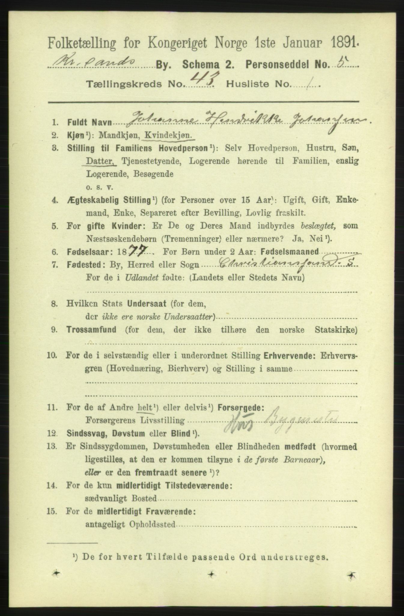 RA, 1891 census for 1001 Kristiansand, 1891, p. 13177
