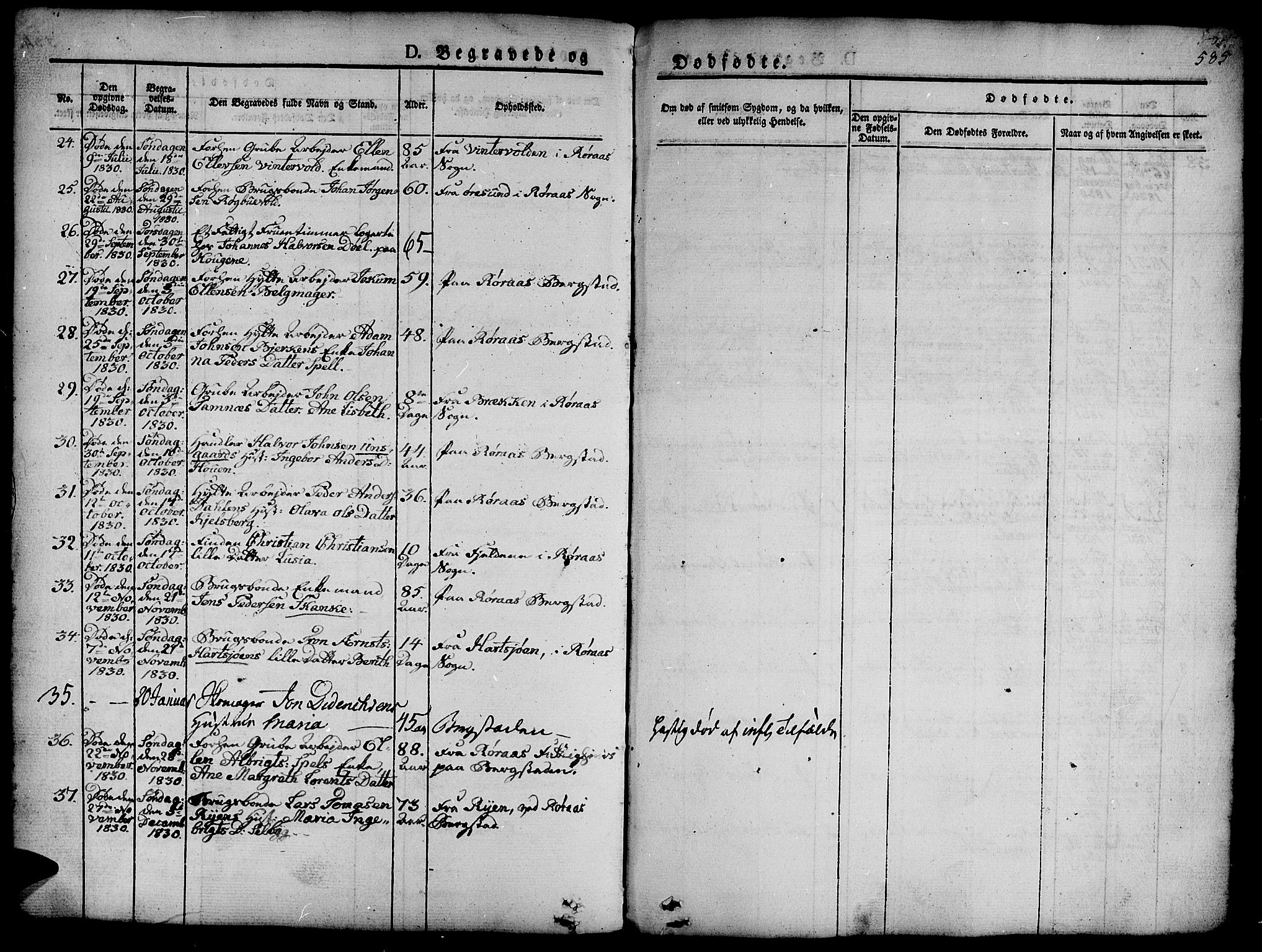 Ministerialprotokoller, klokkerbøker og fødselsregistre - Sør-Trøndelag, AV/SAT-A-1456/681/L0939: Parish register (copy) no. 681C03, 1829-1855, p. 585