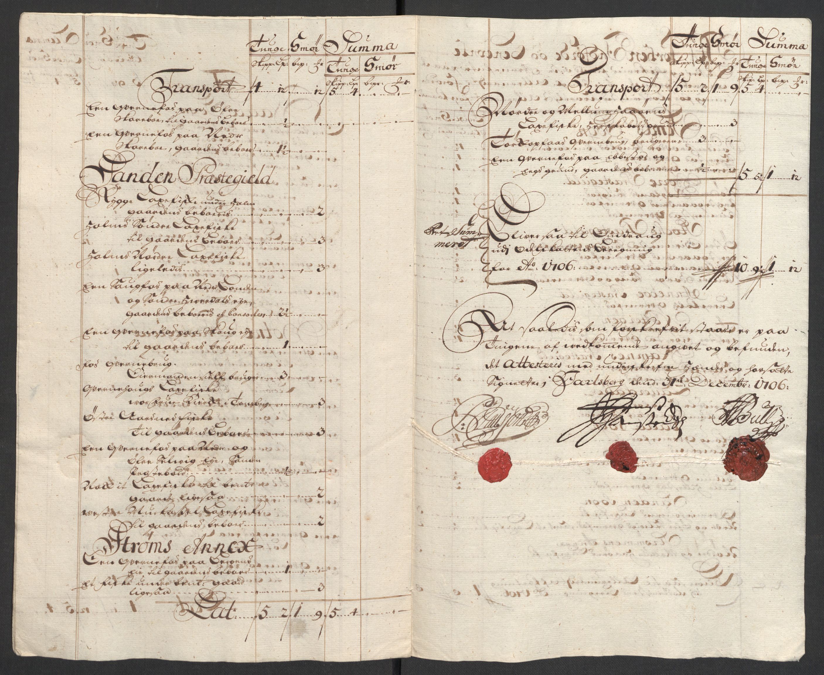 Rentekammeret inntil 1814, Reviderte regnskaper, Fogderegnskap, RA/EA-4092/R32/L1872: Fogderegnskap Jarlsberg grevskap, 1706-1707, p. 228
