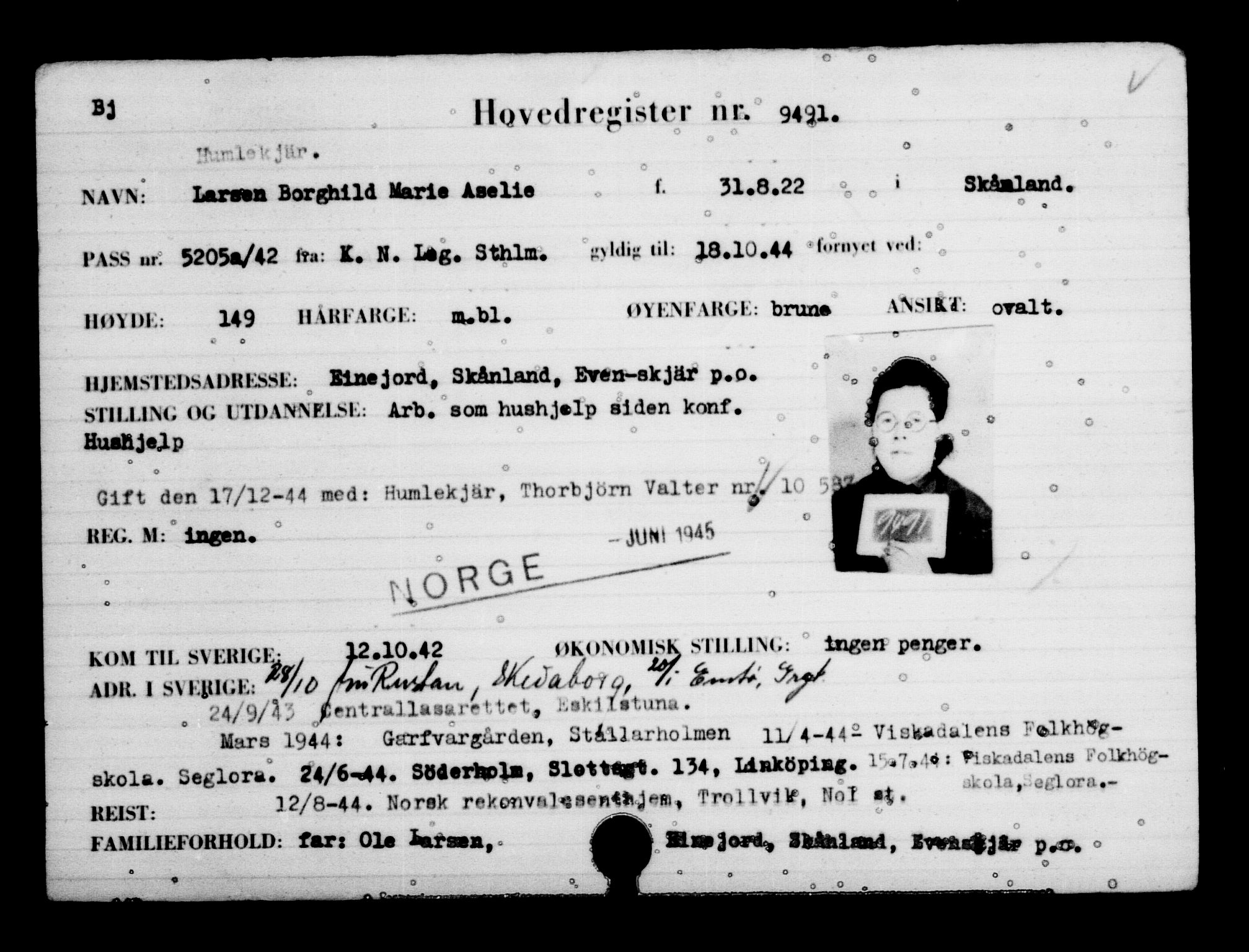 Utenriksstasjonene, Legasjonen i Stockholm, Flyktningkontoret, AV/RA-S-6753/V/Va/L0006: Kjesäterkartoteket, flyktninger med registreringsnr. 9400-12711, 1940-1945, p. 98