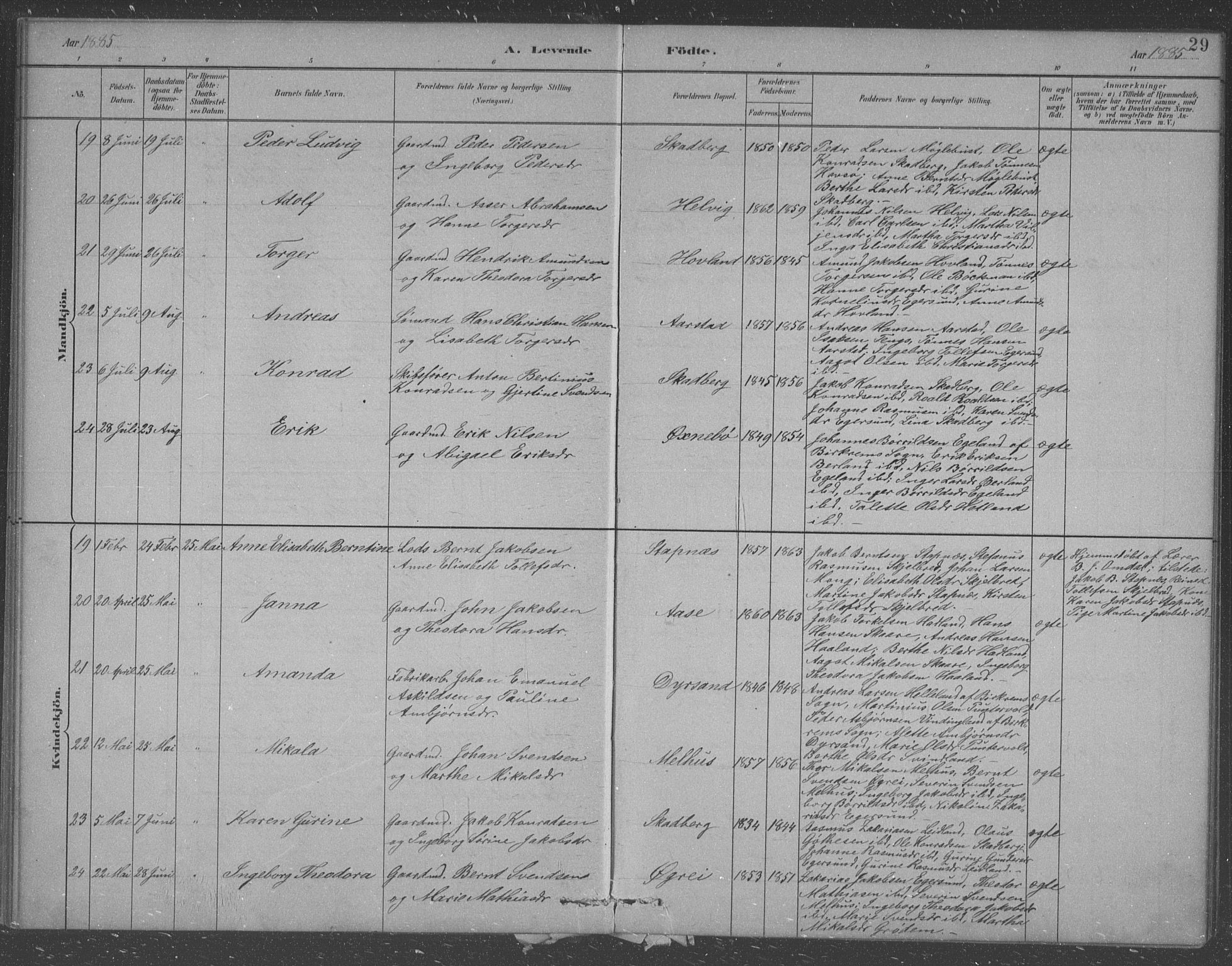 Eigersund sokneprestkontor, AV/SAST-A-101807/001/30/30BB/L0007: Parish register (copy) no. B 7, 1882-1892, p. 29