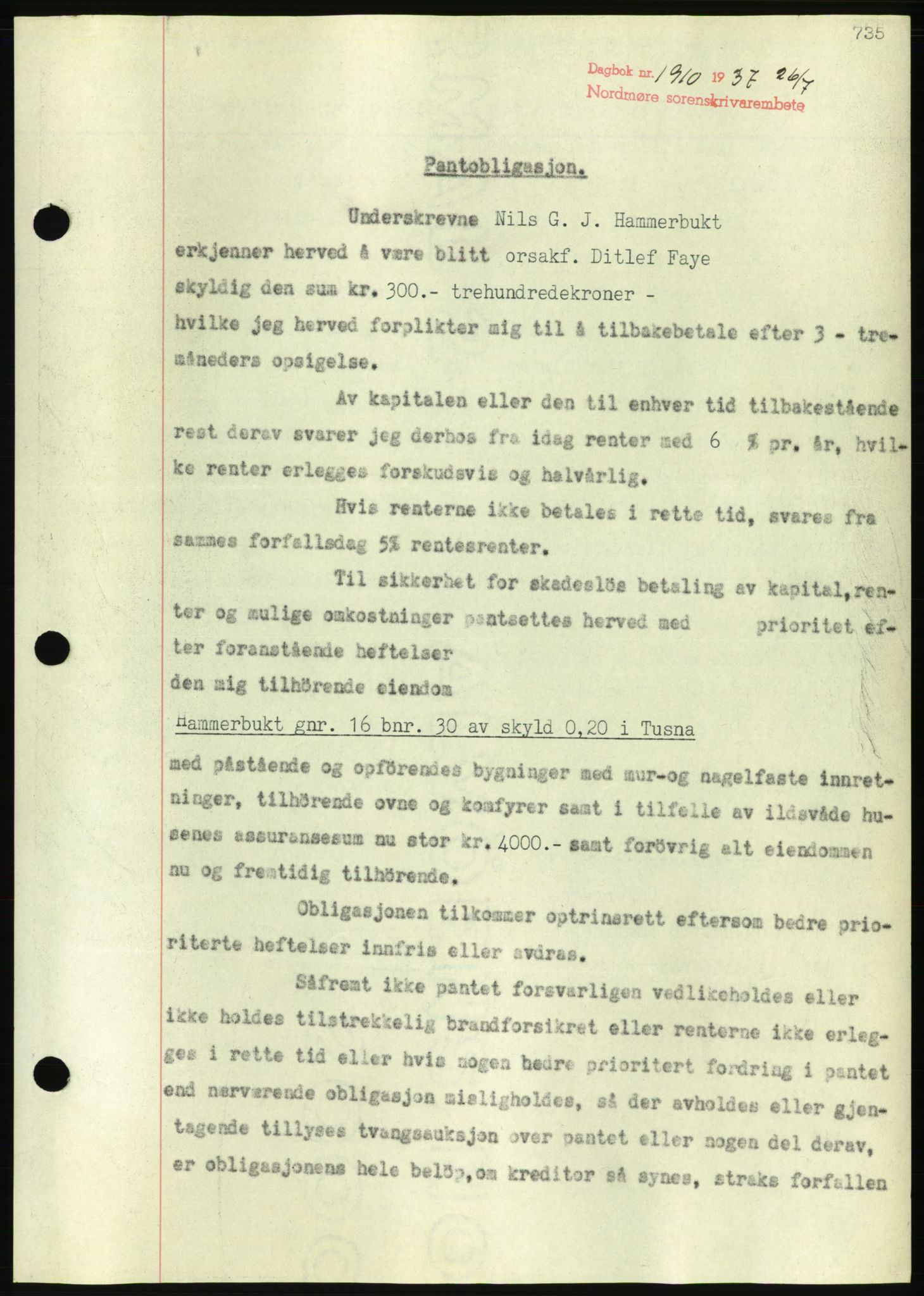 Nordmøre sorenskriveri, AV/SAT-A-4132/1/2/2Ca/L0091: Mortgage book no. B81, 1937-1937, Diary no: : 1910/1937