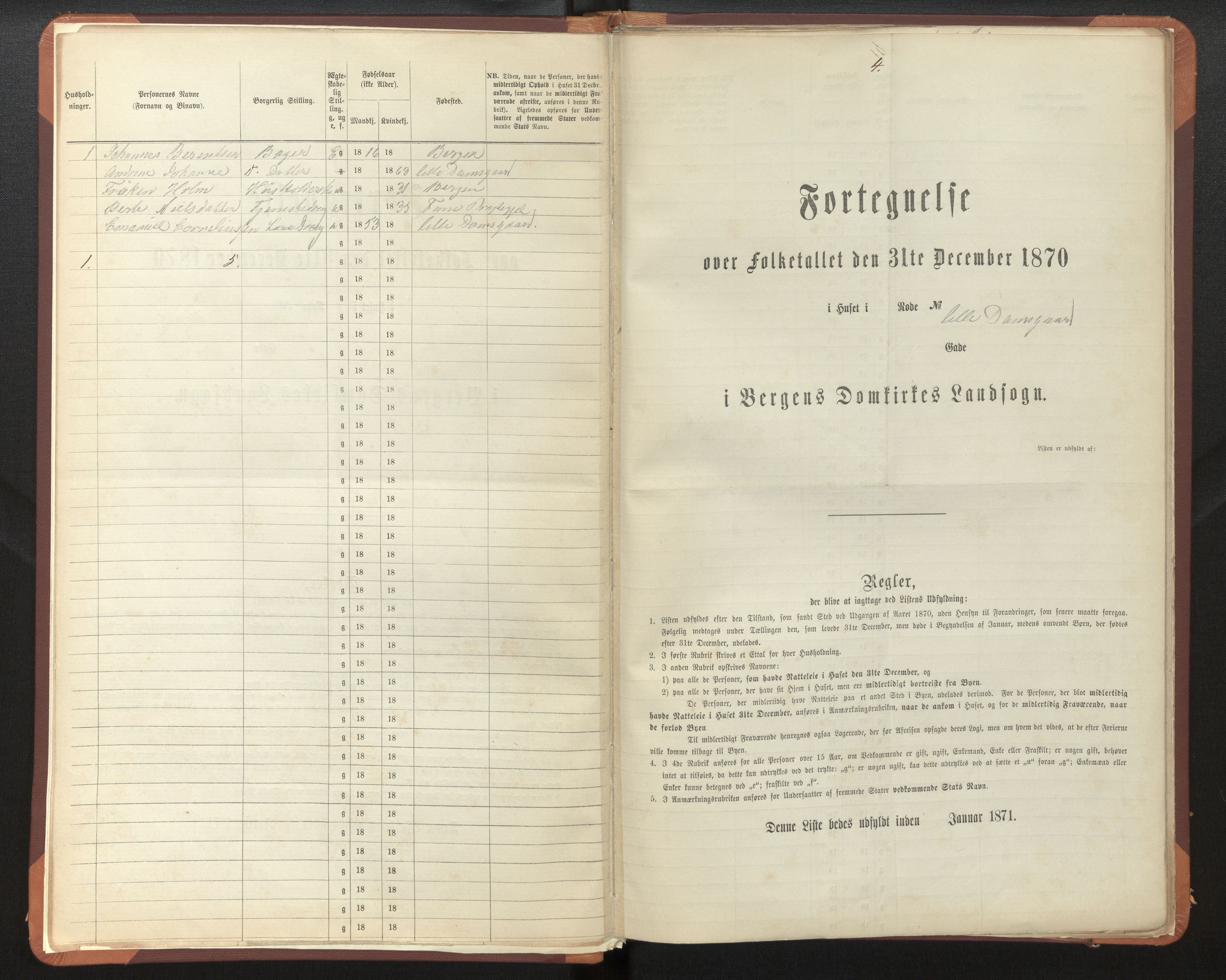 SAB, 1870 census for Bergen rural district, Domkirken local parish, 1870, p. 4